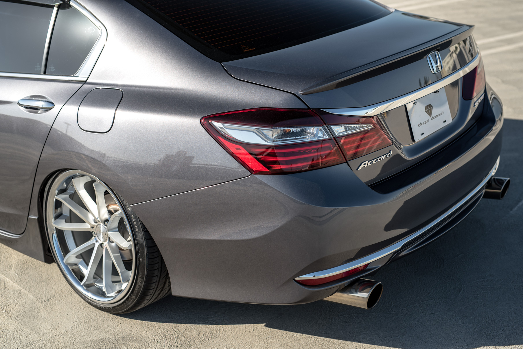 A 2016 Honda Accord on Staggered 20 Inch Blaque Diamond BD-23 Silver with Chrome SS Lip Wheels