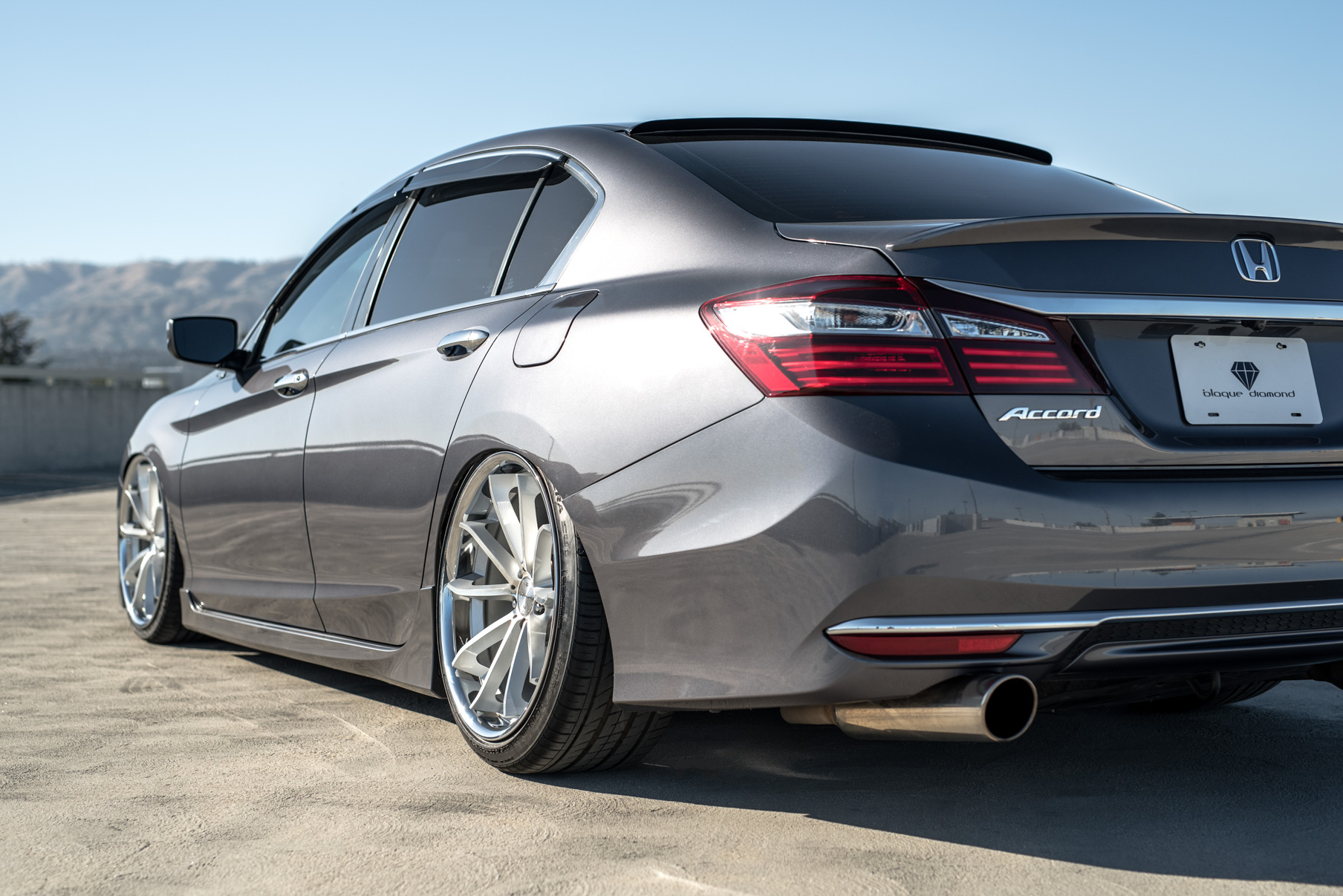 A 2016 Honda Accord on Staggered 20 Inch Blaque Diamond BD-23 Silver with Chrome SS Lip Wheels