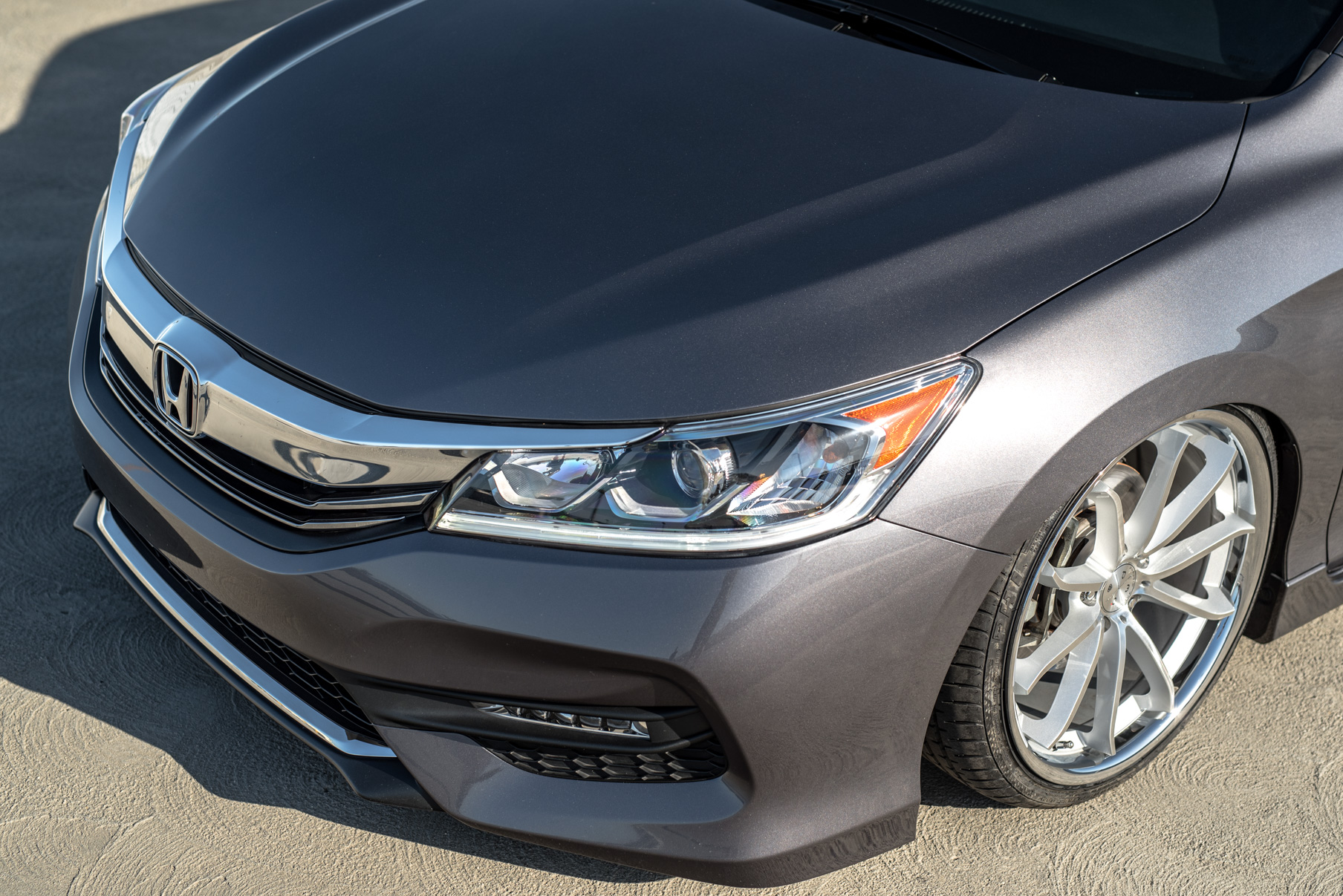 A 2016 Honda Accord on Staggered 20 Inch Blaque Diamond BD-23 Silver with Chrome SS Lip Wheels