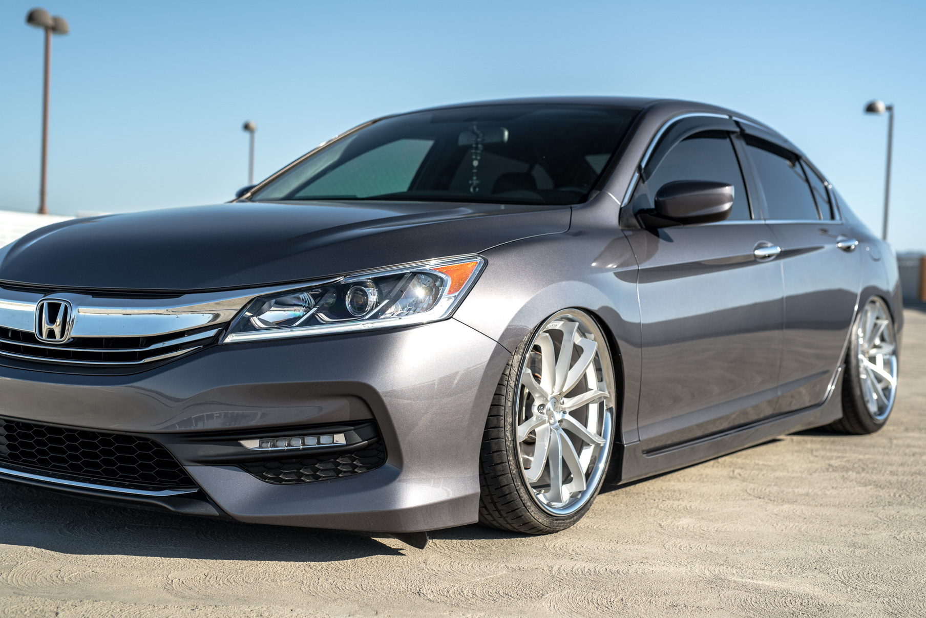 A 2016 Honda Accord on Staggered 20 Inch Blaque Diamond BD-23 Silver with Chrome SS Lip Wheels