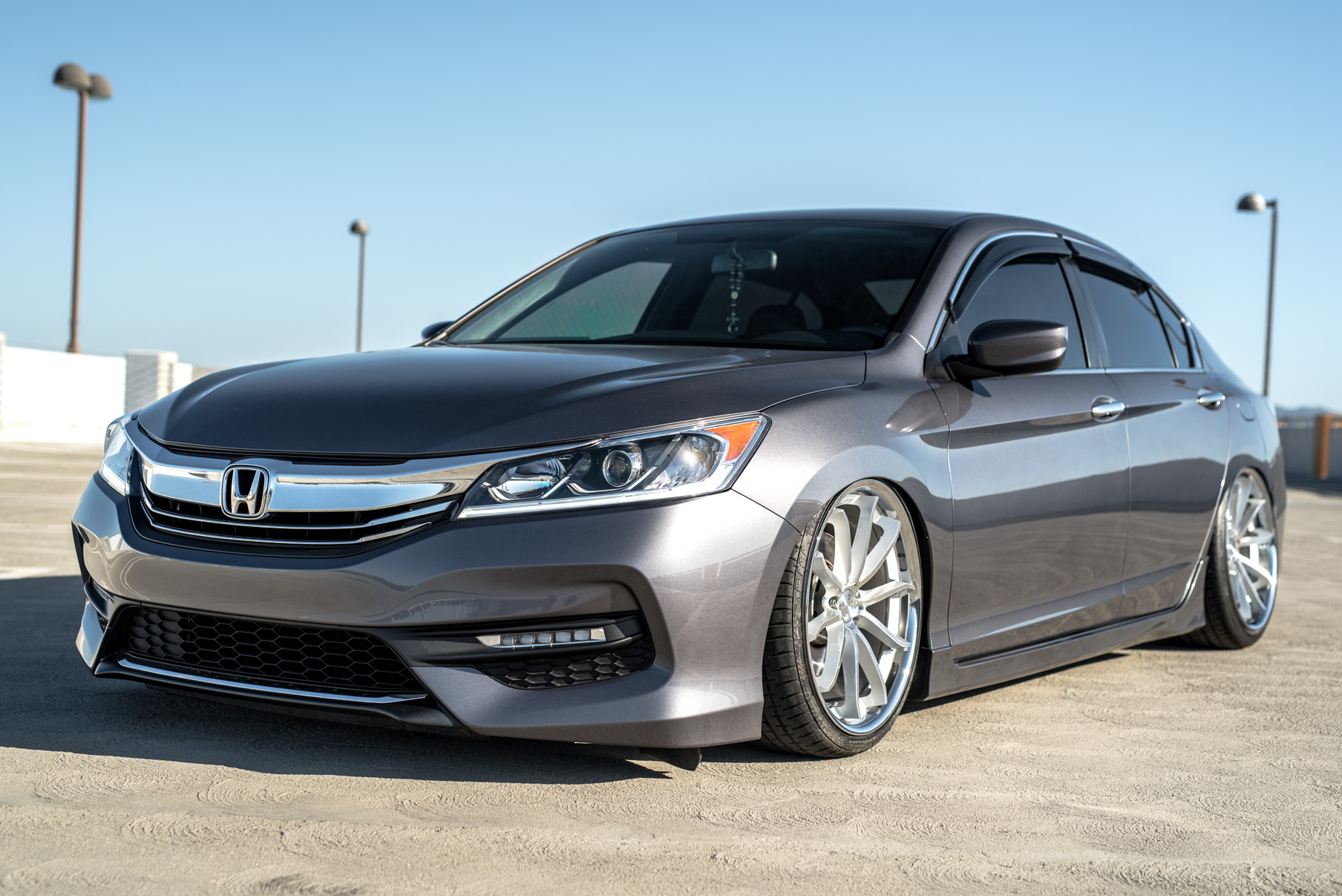 A 2016 Honda Accord on Staggered 20 Inch Blaque Diamond BD-23 Silver with Chrome SS Lip Wheels