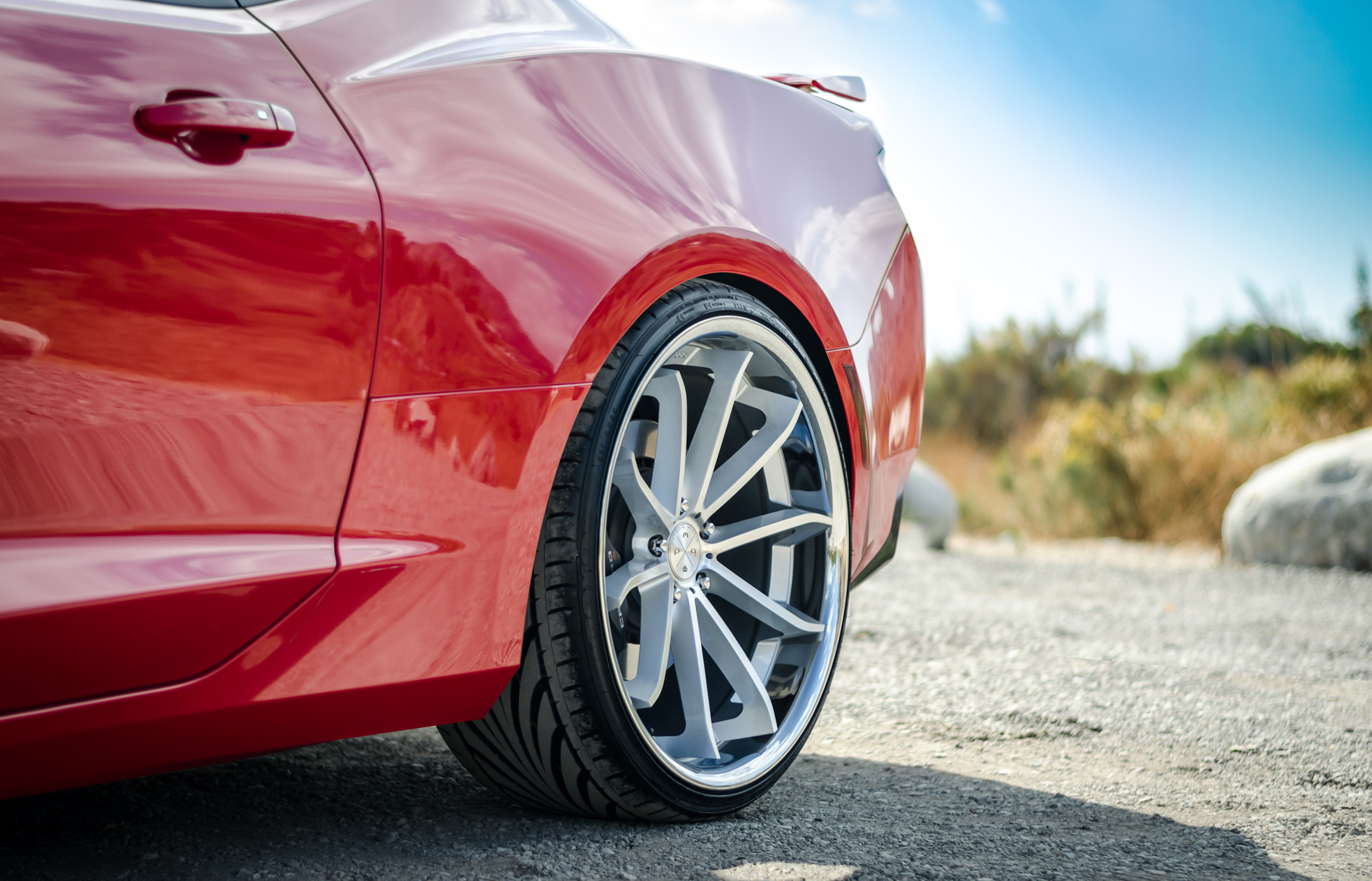 A 2016 Chevrolet Camaro SS on 22 Inch Blaque Diamond BD-23 Silver Wheels
