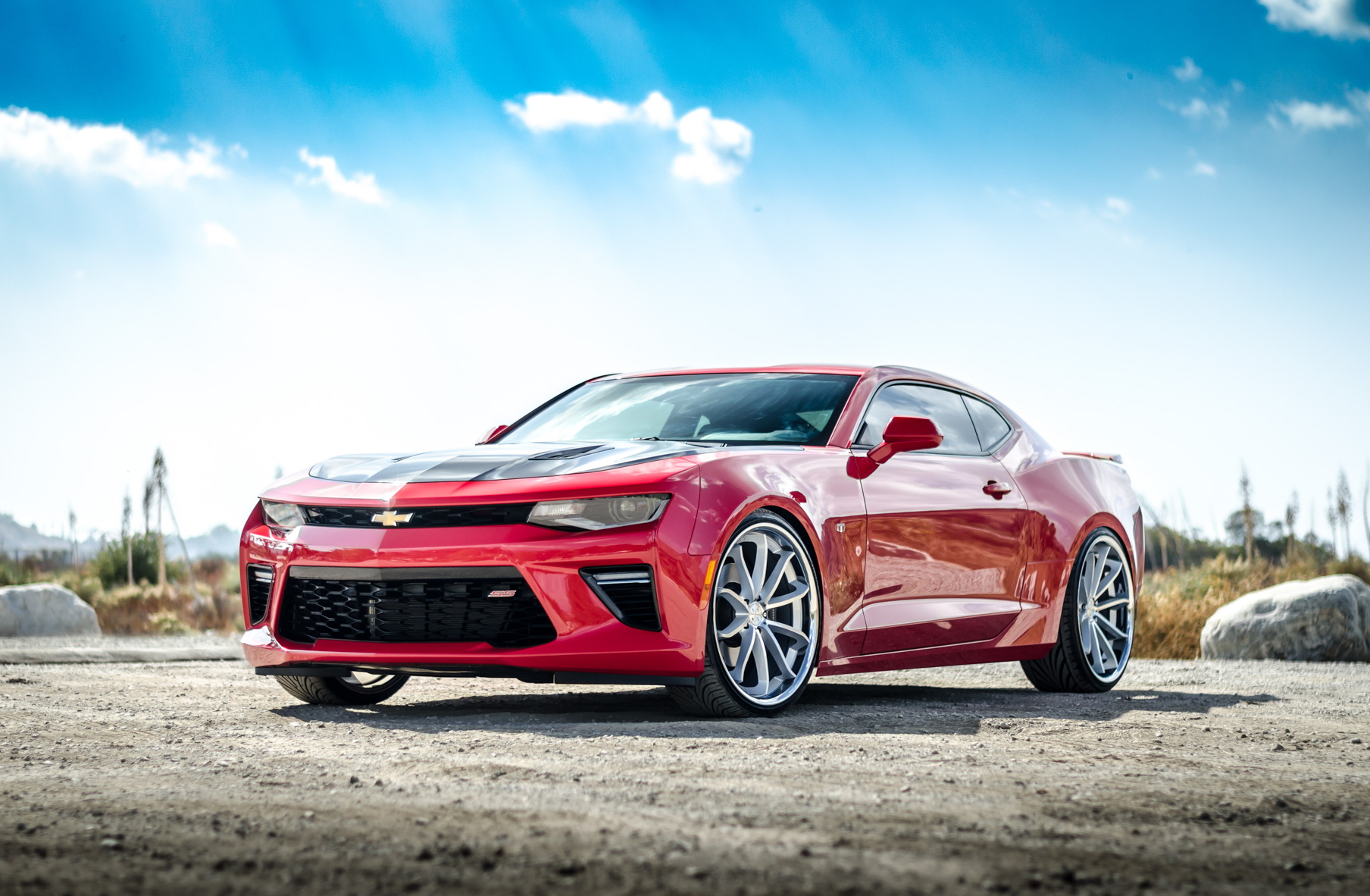 A 2016 Chevrolet Camaro SS on 22 Inch Blaque Diamond BD-23 Silver Wheels