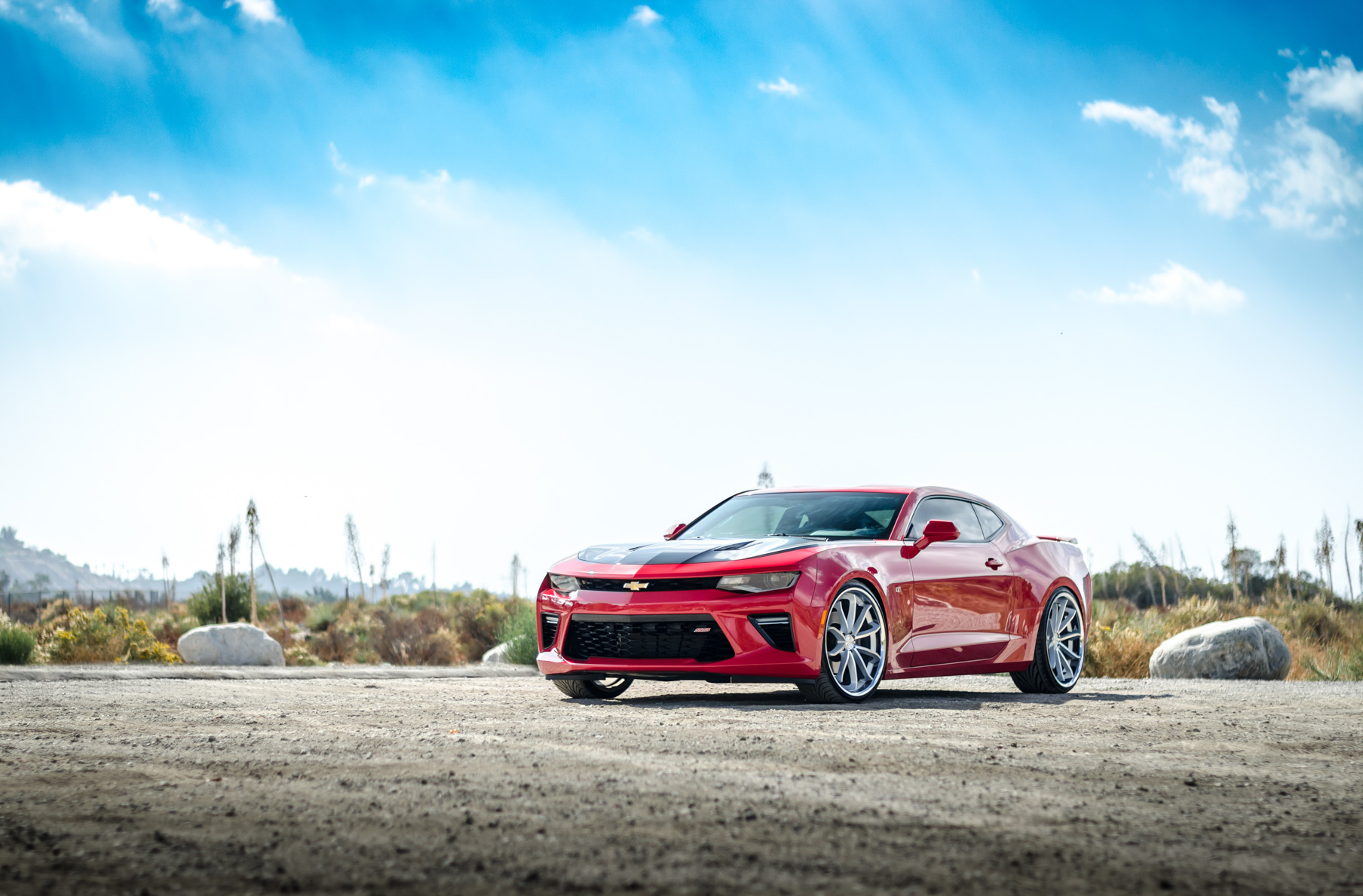 A 2016 Chevrolet Camaro SS on 22 Inch Blaque Diamond BD-23 Silver Wheels