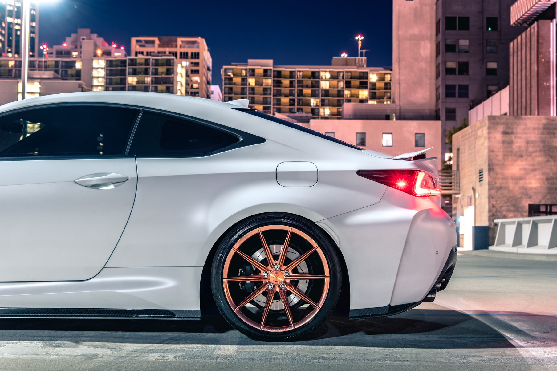 A White 2016 Lexus RCF on 20 Inch Blaque Diamond BD-11 Polished Rose Gold Wheels