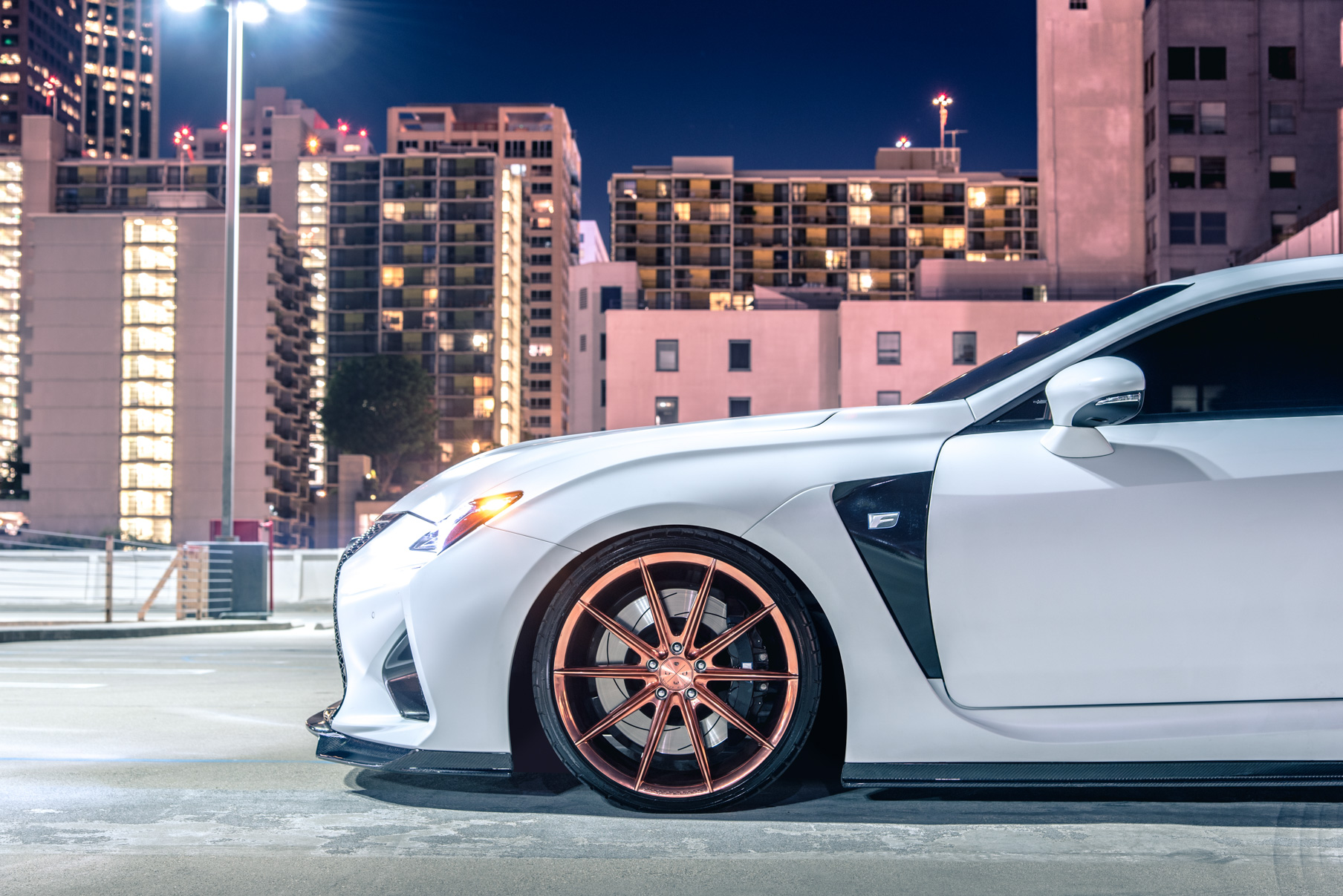 A White 2016 Lexus RCF on 20 Inch Blaque Diamond BD-11 Polished Rose Gold Wheels
