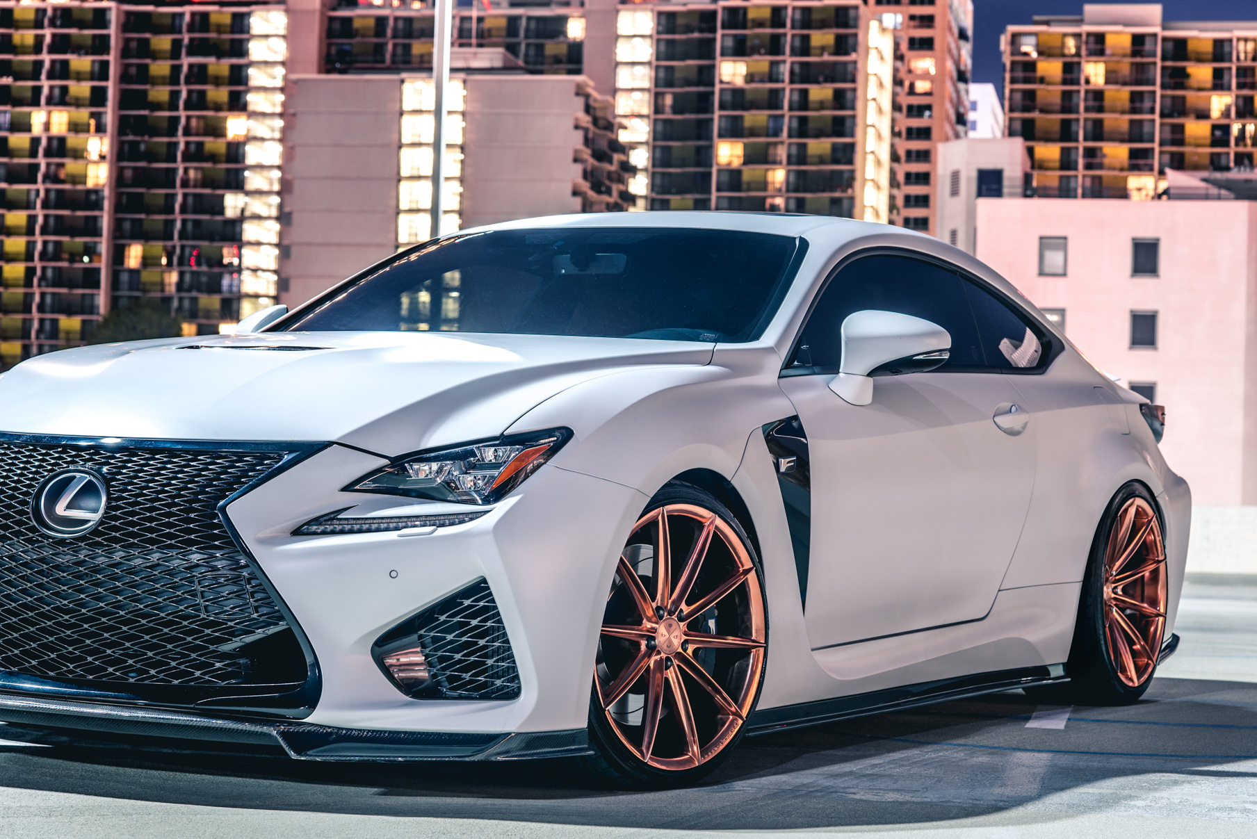 A White 2016 Lexus RCF on 20 Inch Blaque Diamond BD-11 Polished Rose Gold Wheels