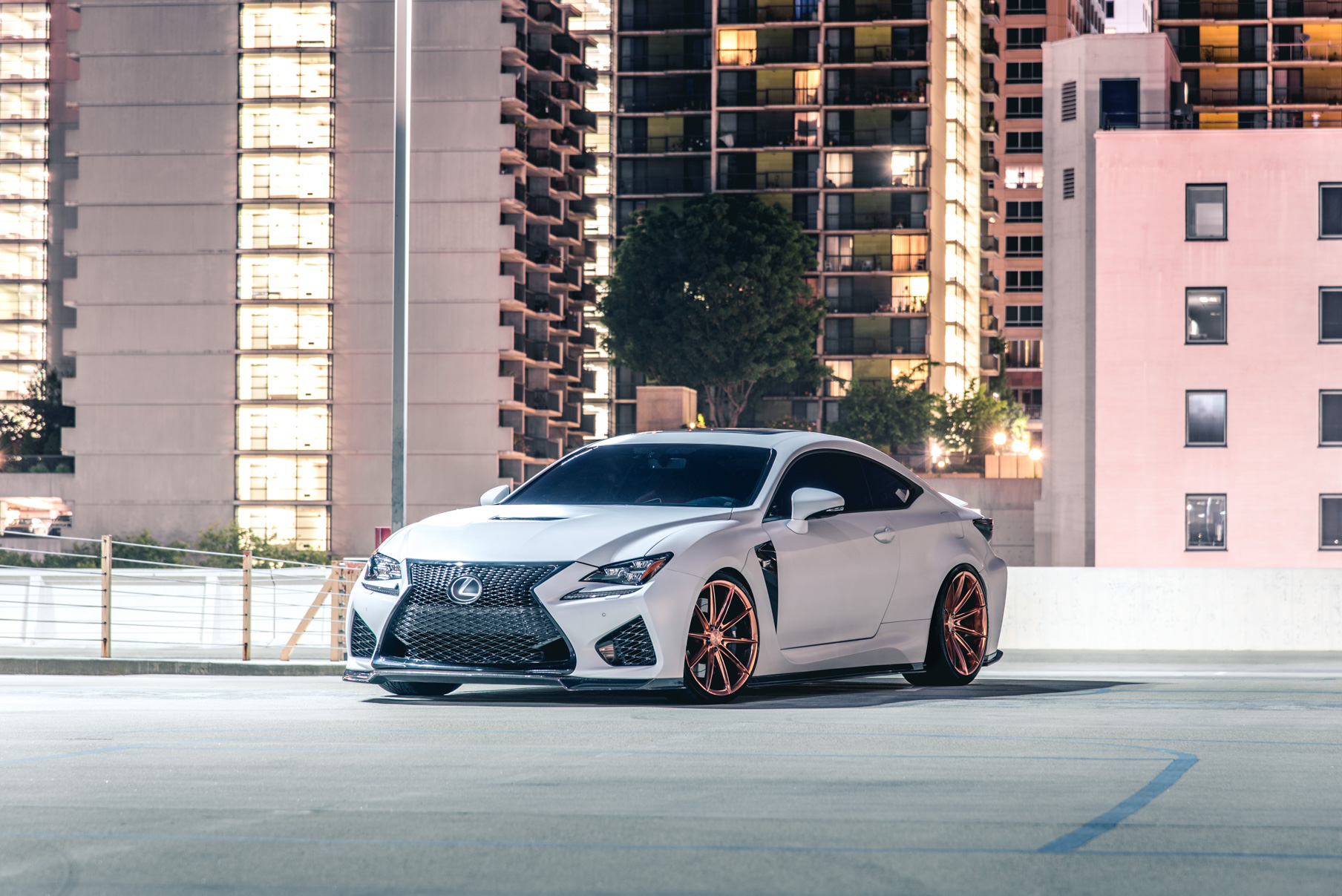 A White 2016 Lexus RCF on 20 Inch Blaque Diamond BD-11 Polished Rose Gold Wheels