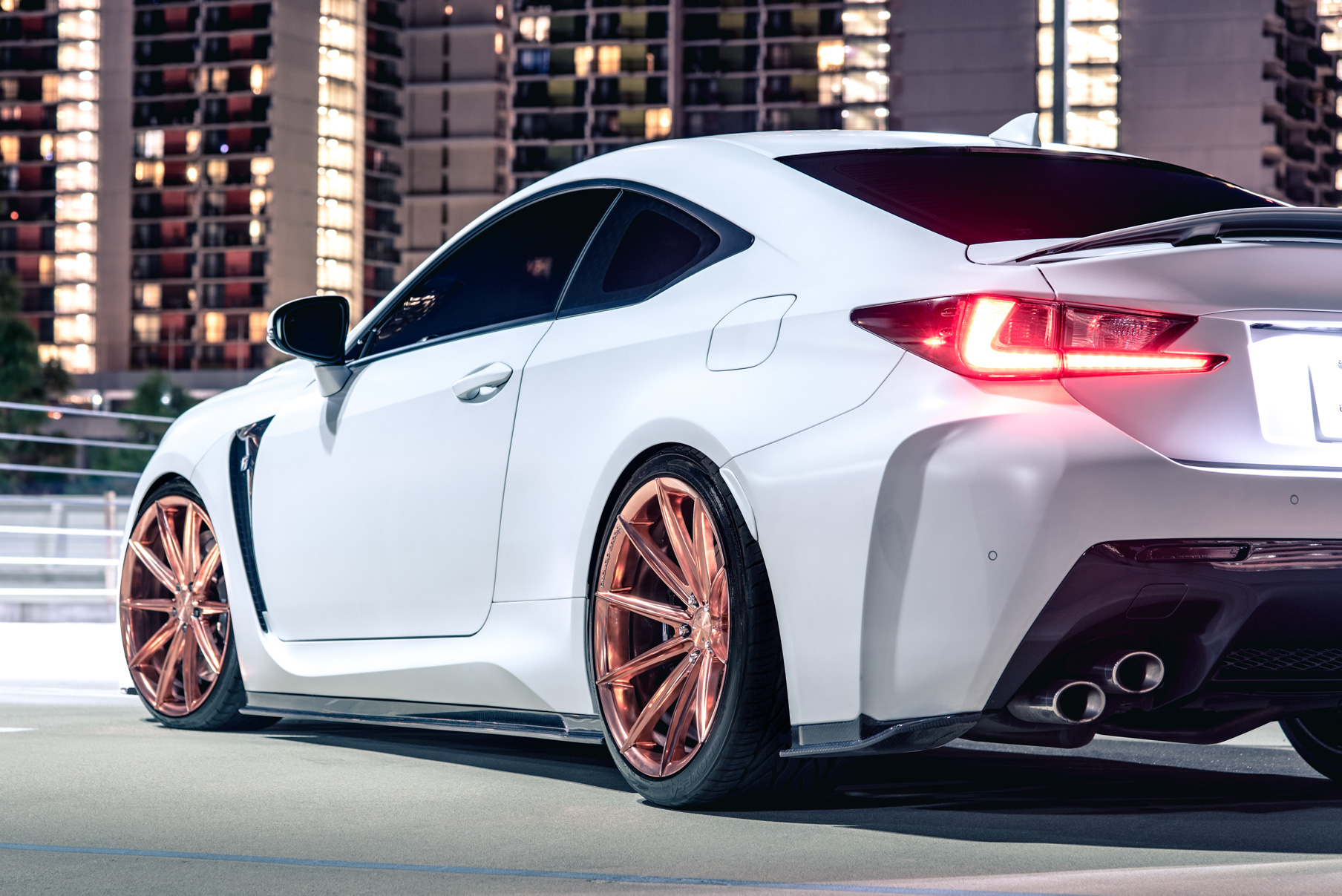 A White 2016 Lexus RCF on 20 Inch Blaque Diamond BD-11 Polished Rose Gold Wheels