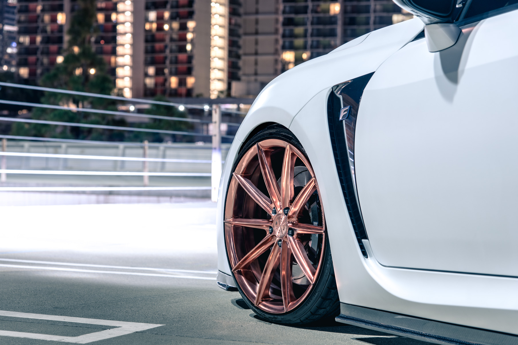 A White 2016 Lexus RCF on 20 Inch Blaque Diamond BD-11 Polished Rose Gold Wheels