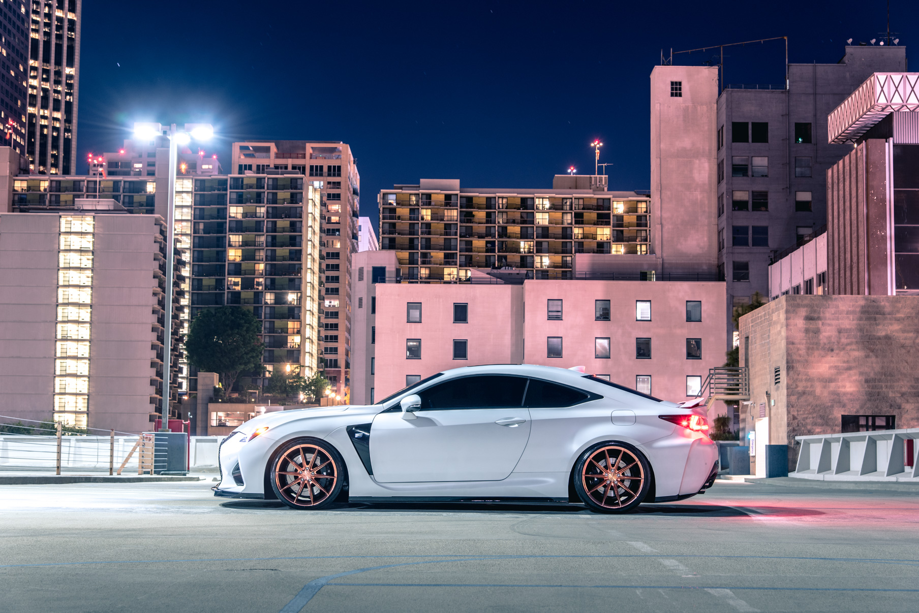 A White 2016 Lexus RCF on 20 Inch Blaque Diamond BD-11 Polished Rose Gold Wheels