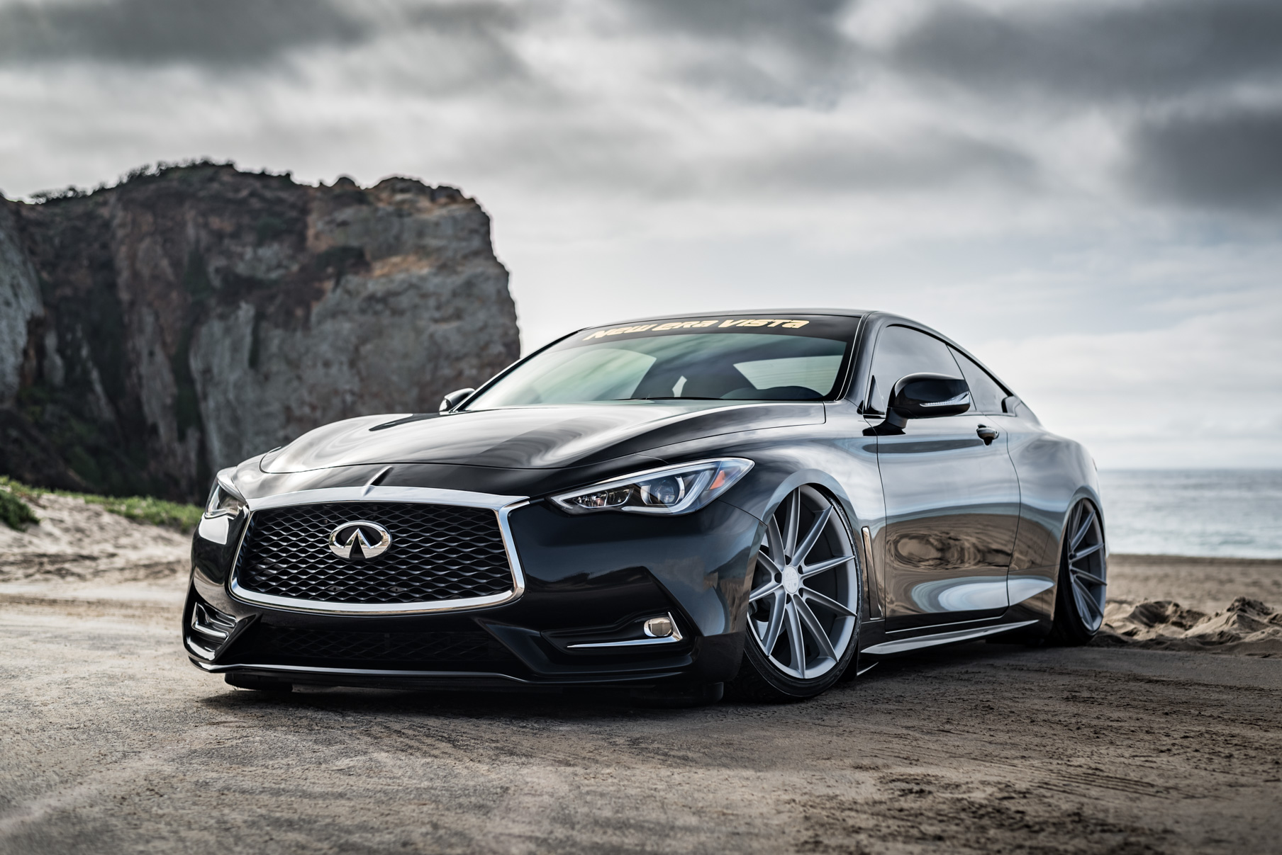A 2017 Infinity Q60 on 20 Inch Blaque Diamond BD-11 Frozen Silver Wheels