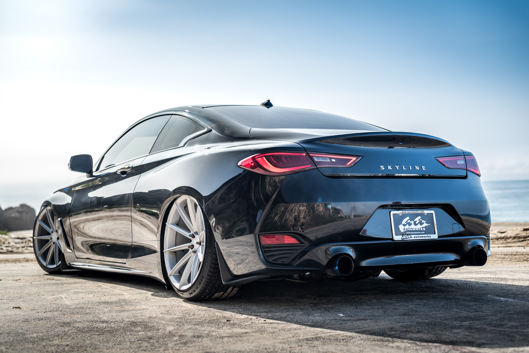 A 2017 Infinity Q60 on 20 Inch Blaque Diamond BD-11 Frozen Silver Wheels