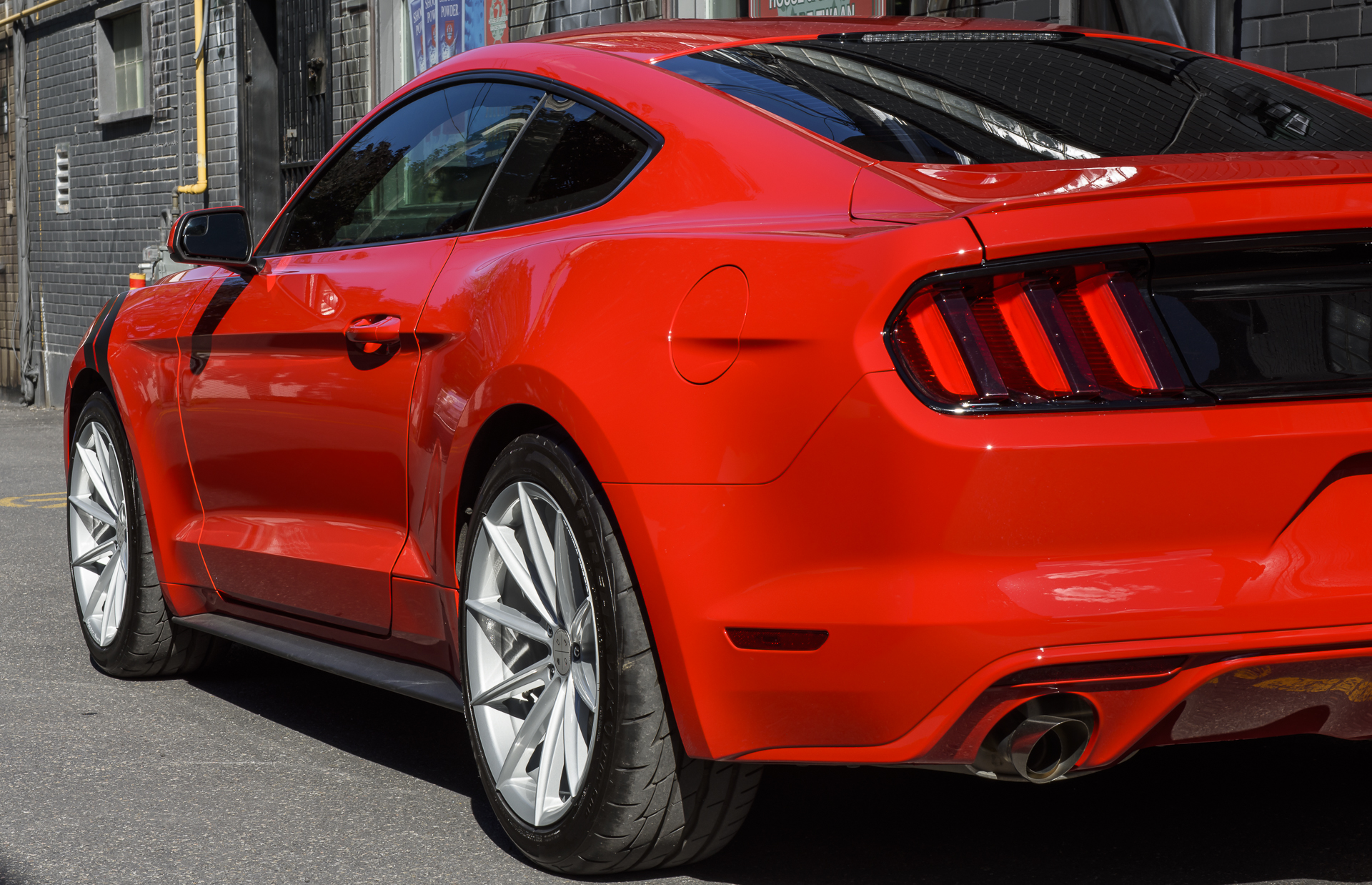 A 2017 Ford Mustang on Blaque Diamond BD-11 Gloss Silver Wheels