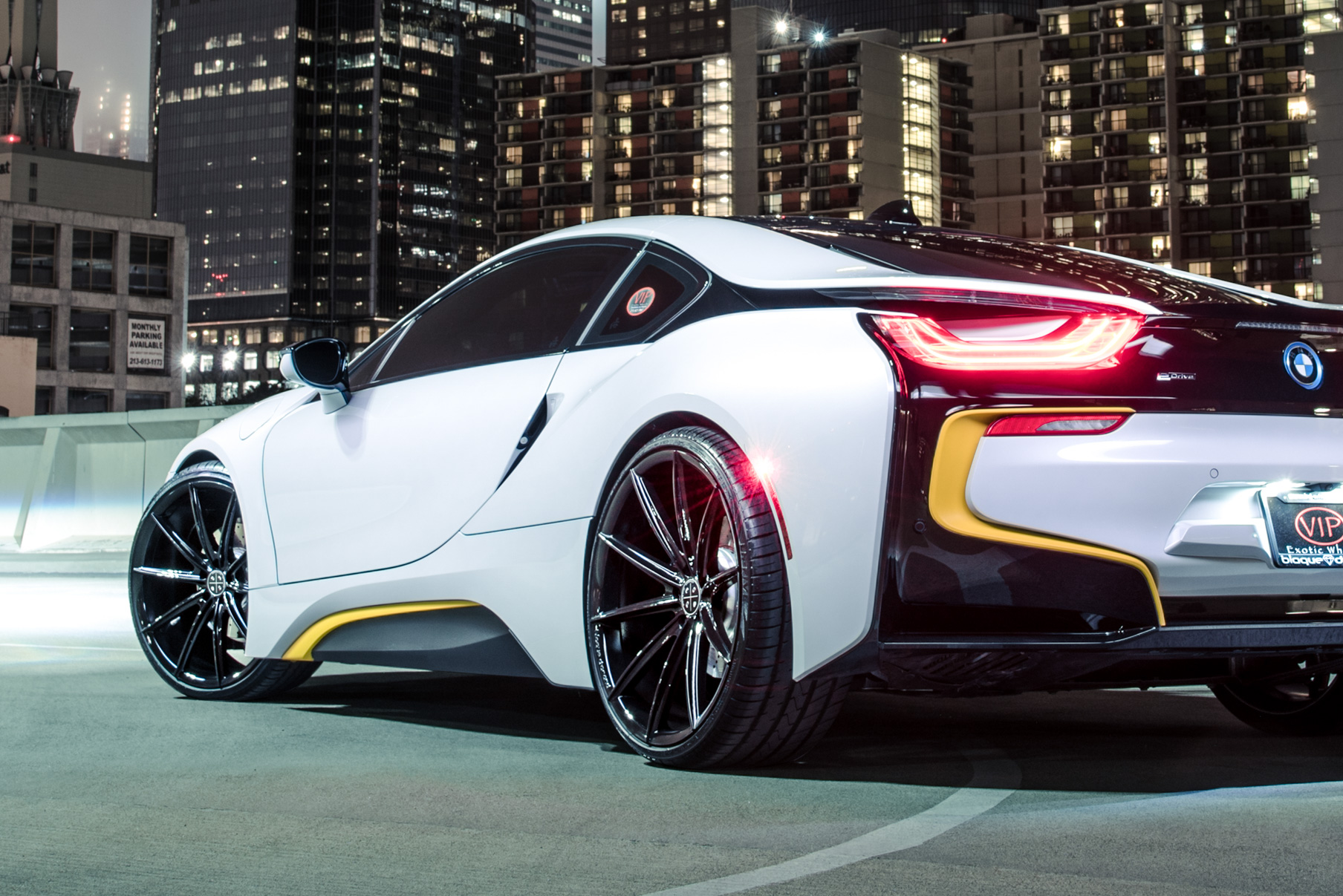 A 2016 BMW I8 on 22 Inch Blaque Diamond BD-11 Gloss Black Wheels