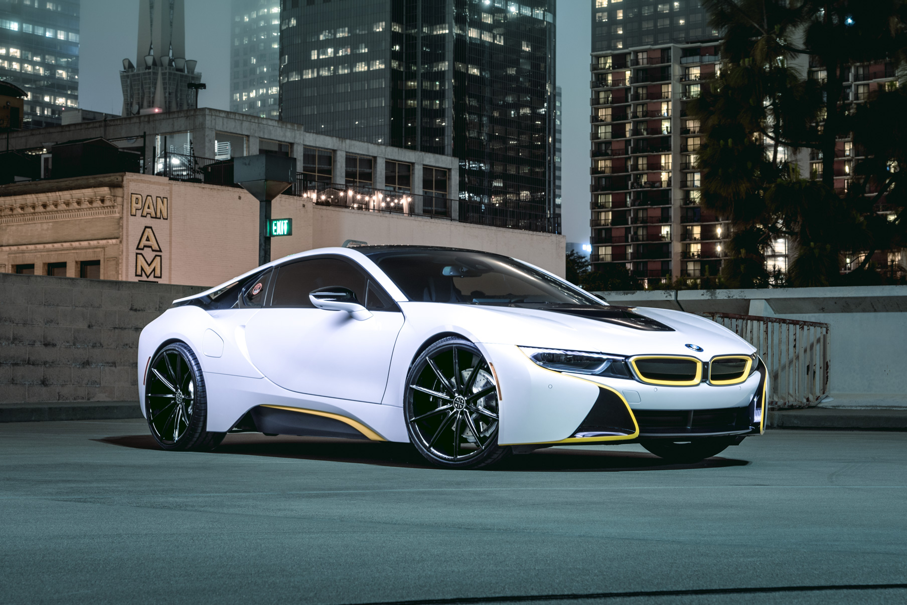 A 2016 BMW I8 on 22 Inch Blaque Diamond BD-11 Gloss Black Wheels