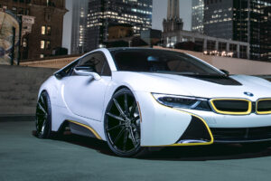 A 2016 BMW I8 on 22 Inch Blaque Diamond BD-11 Gloss Black Wheels