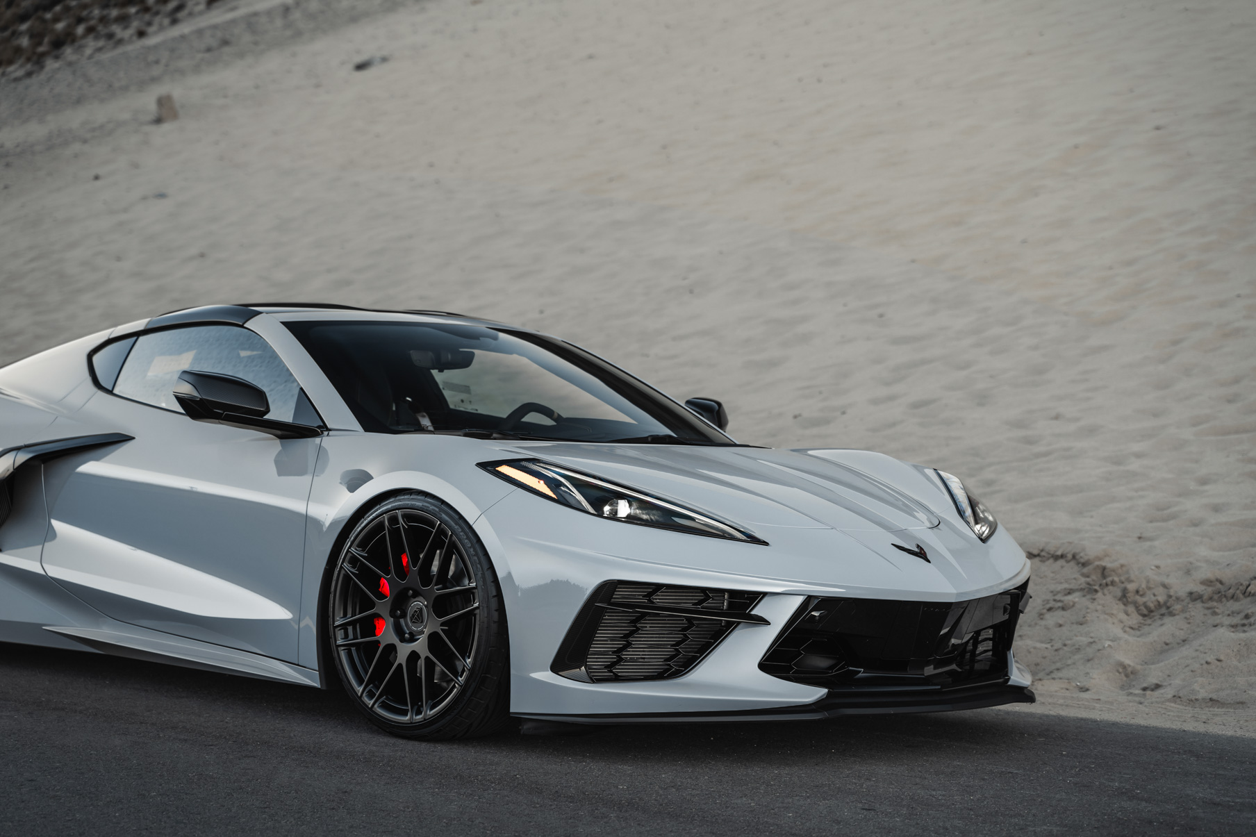 A 2020 Chevrolet Corvette C8 on Blaque Diamond BD-F12 Satin Black Wheels