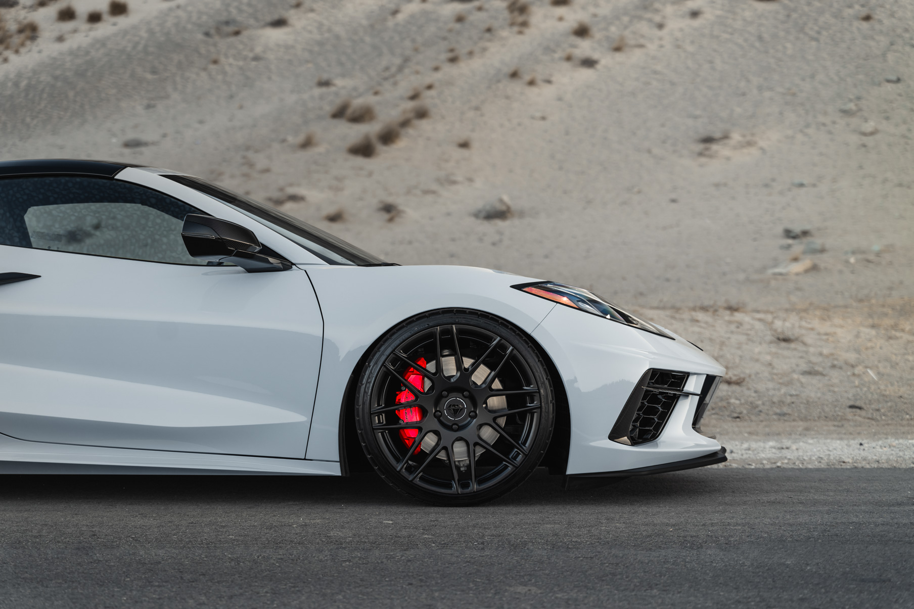 A 2020 Chevrolet Corvette C8 on Blaque Diamond BD-F12 Satin Black Wheels