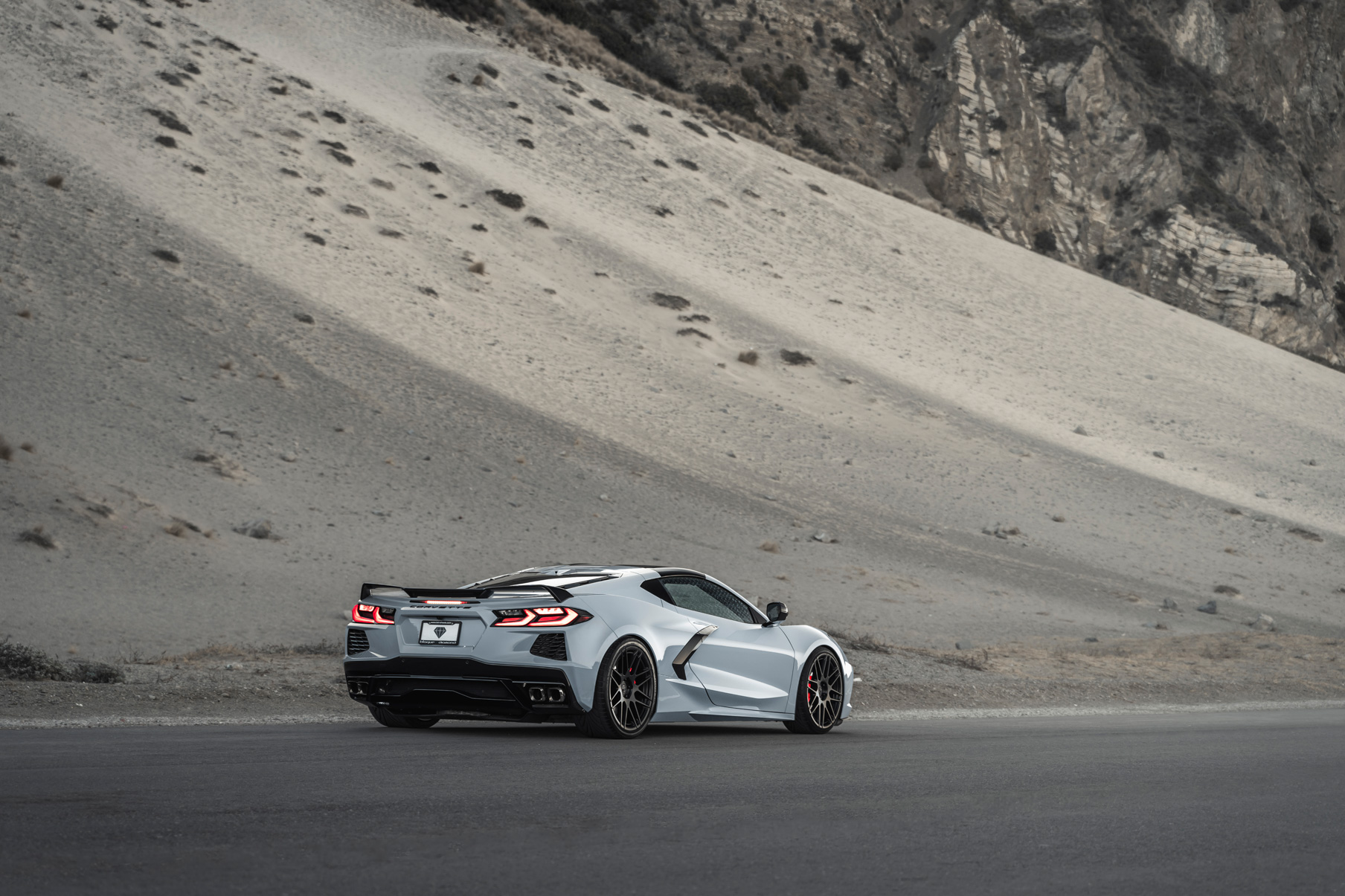 A 2020 Chevrolet Corvette C8 on Blaque Diamond BD-F12 Satin Black Wheels