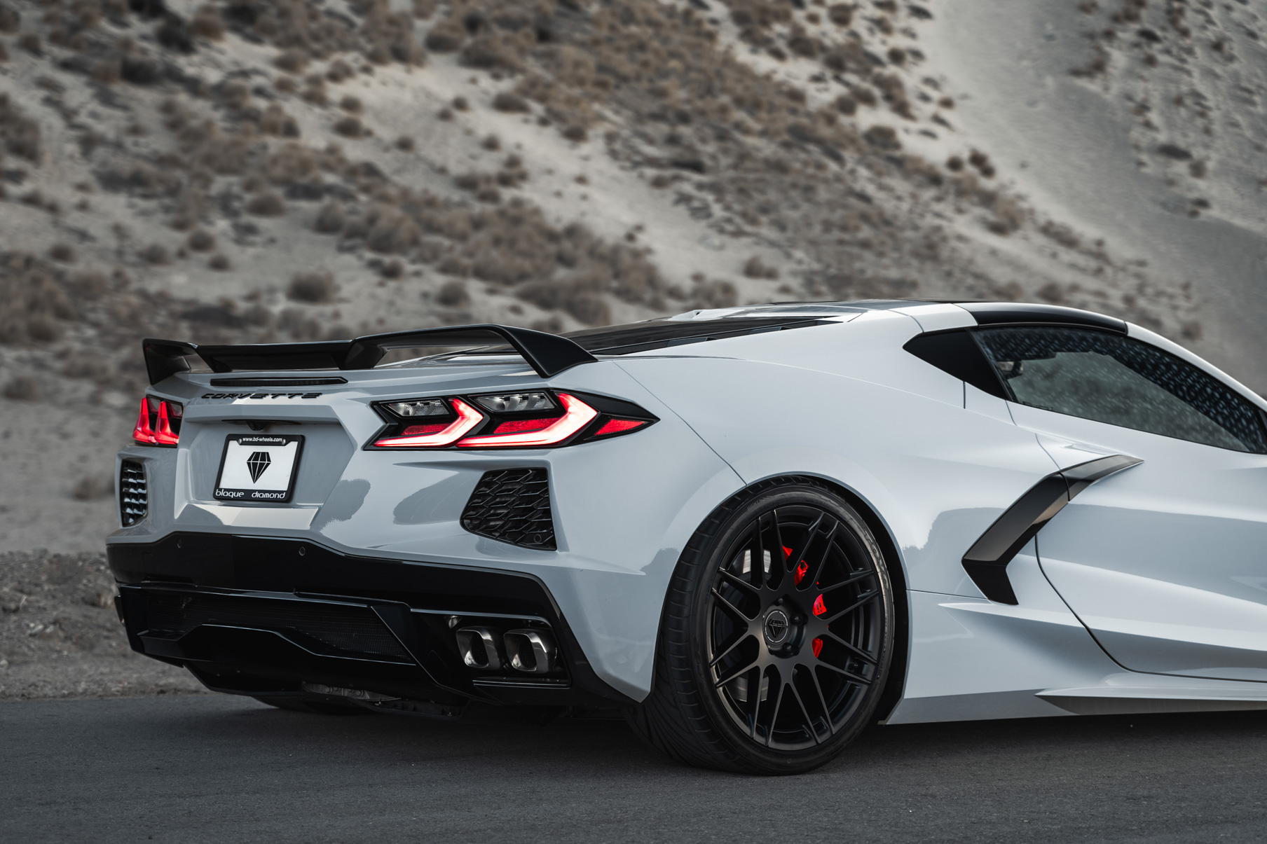 A 2020 Chevrolet Corvette C8 on Blaque Diamond BD-F12 Satin Black Wheels