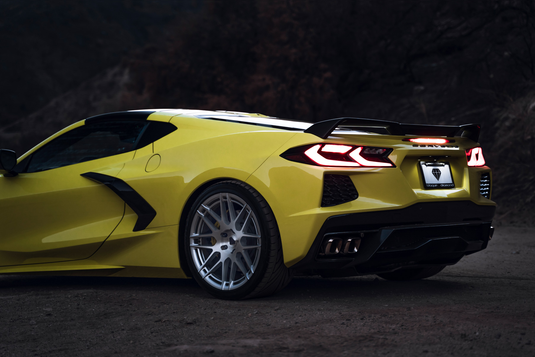 A 2020 Chevrolet Corvette C8 on Blaque Diamond BD-F12 Brushed Silver Wheels