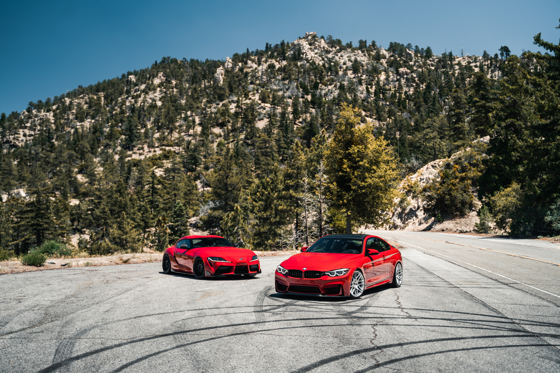 A 2020 BMW M4 CS on Blaque Diamond BD-F12 Brushed Silver Wheels VS A 2020 Toyota Supra Launch Edition on Blaque Diamond BD_F12 Gloss Black Wheels