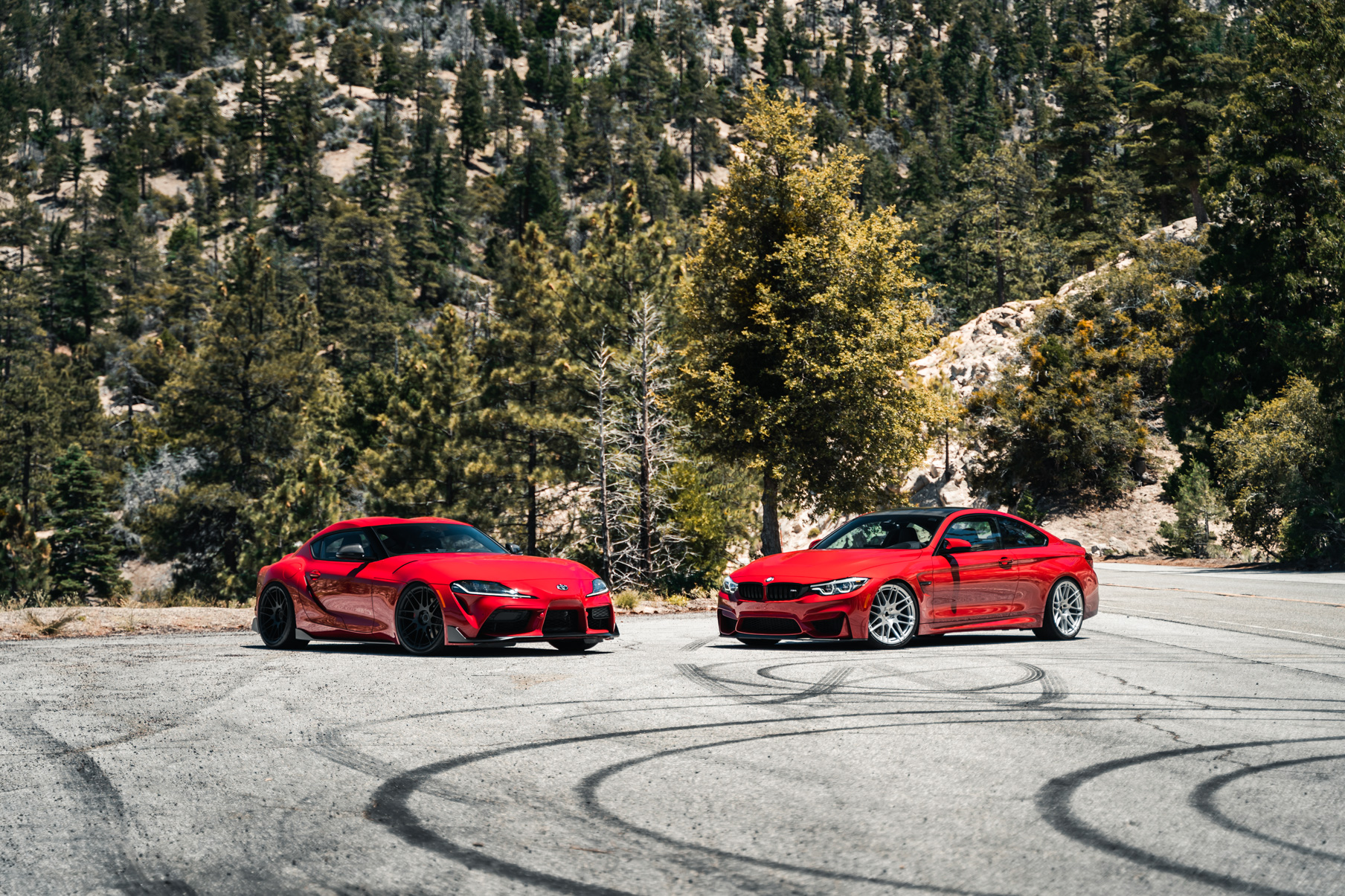 A 2020 BMW M4 CS on Blaque Diamond BD-F12 Brushed Silver Wheels VS A 2020 Toyota Supra Launch Edition on Blaque Diamond BD_F12 Gloss Black Wheels