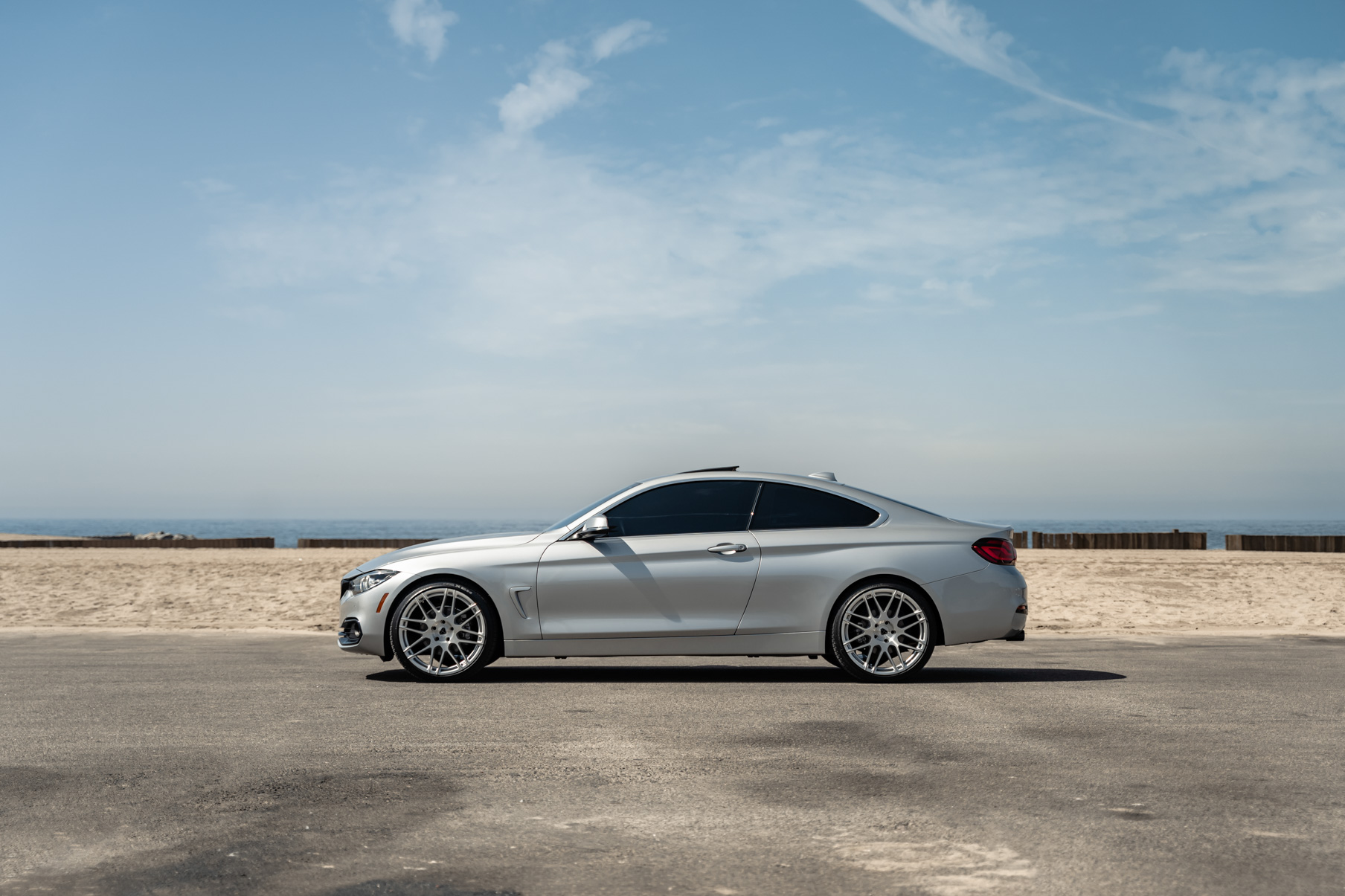 A 2020 BMW 430i on 20 Inch Blaque Diamond BD-F12 Brushed Silver Wheels