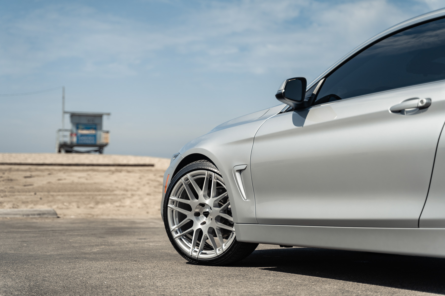 A 2020 BMW 430i on 20 Inch Blaque Diamond BD-F12 Brushed Silver Wheels