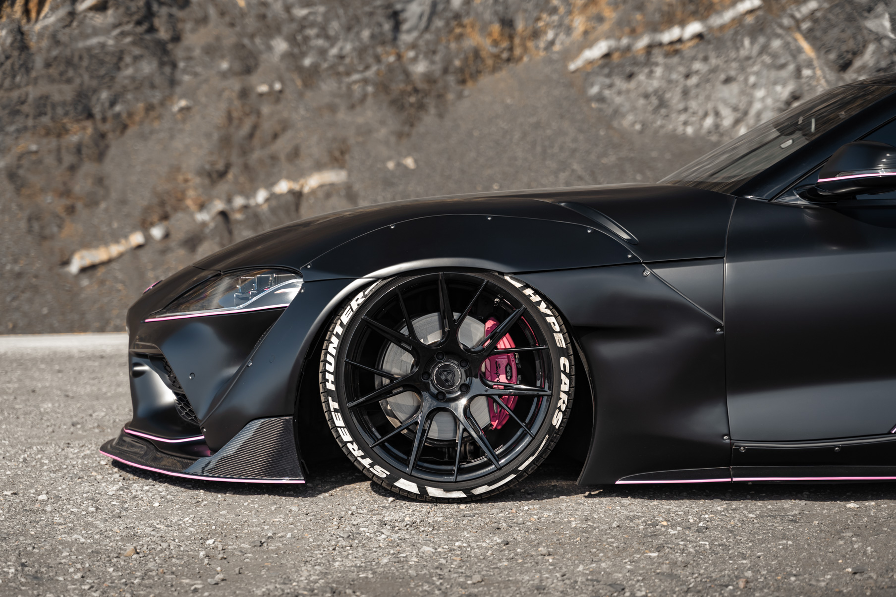 A 2020 Toyota Supra Streethunter Kit on 20 Inch Blaque Diamond BD-F18 Gloss Black Wheels