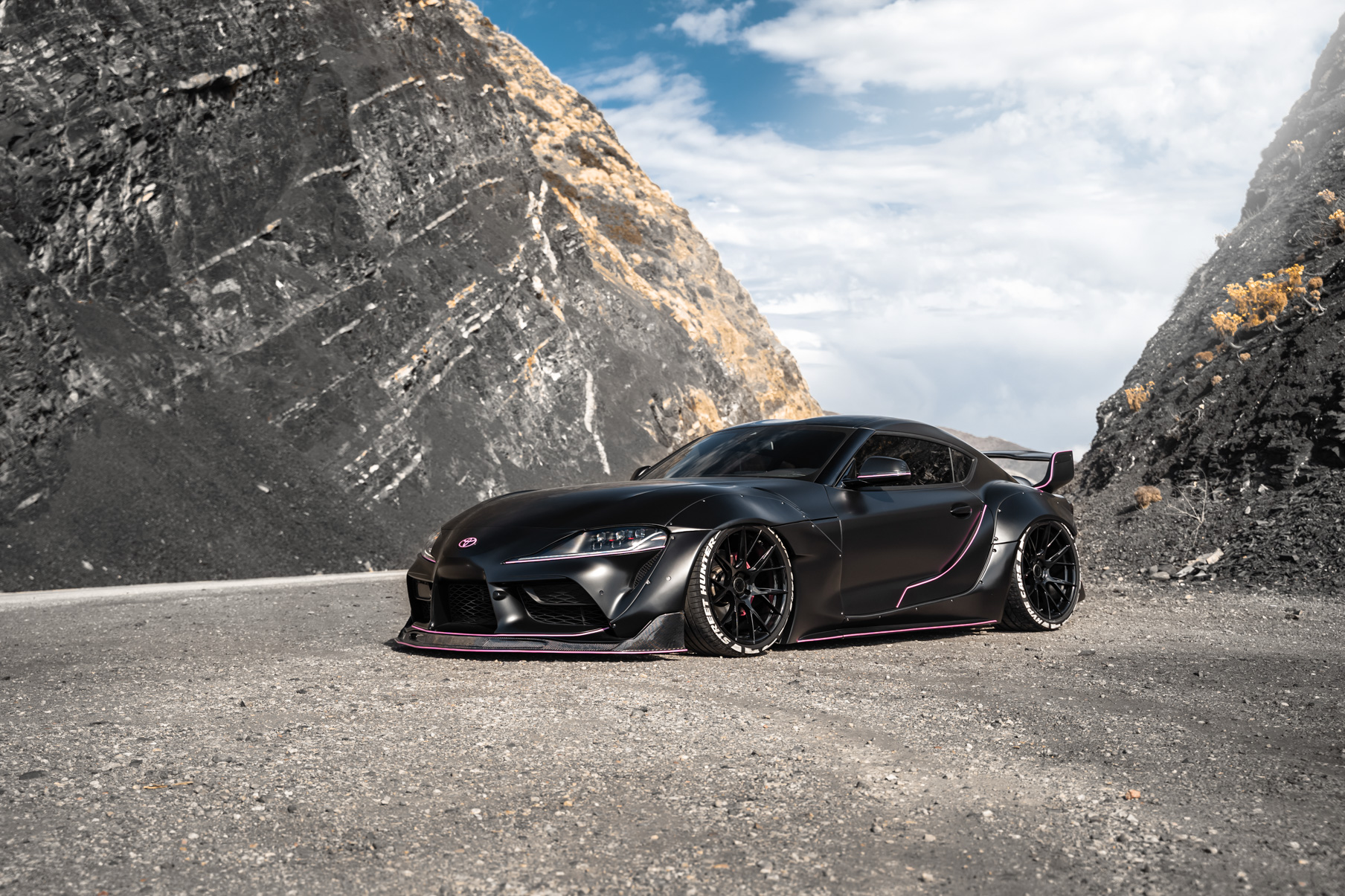 A 2020 Toyota Supra Streethunter Kit on 20 Inch Blaque Diamond BD-F18 Gloss Black Wheels