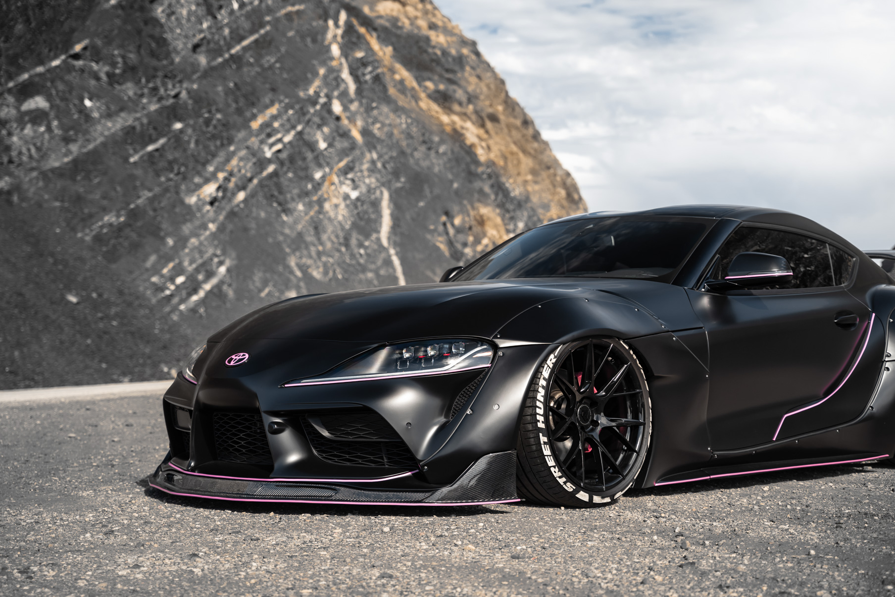 A 2020 Toyota Supra Streethunter Kit on 20 Inch Blaque Diamond BD-F18 Gloss Black Wheels