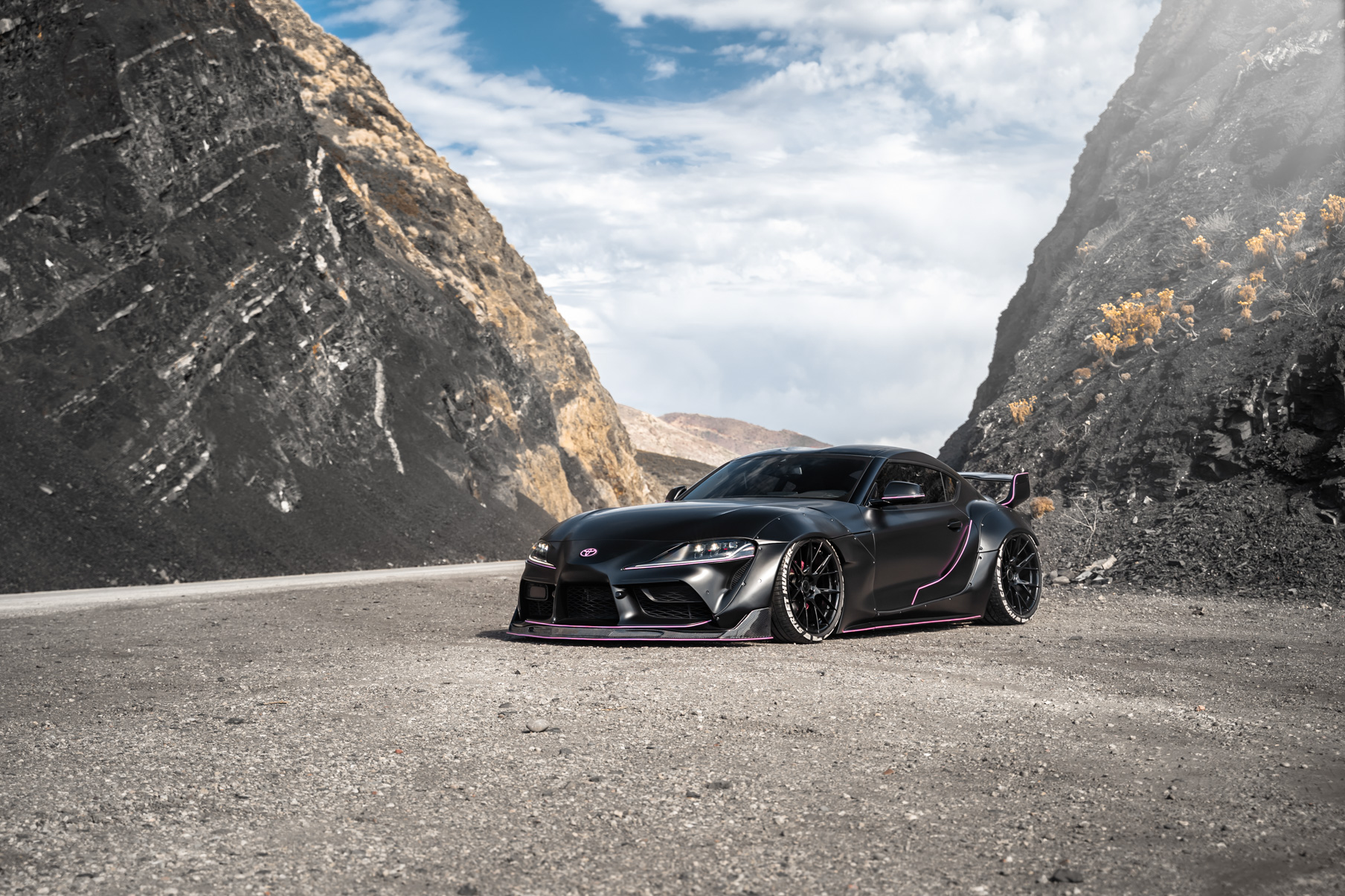 A 2020 Toyota Supra Streethunter Kit on 20 Inch Blaque Diamond BD-F18 Gloss Black Wheels