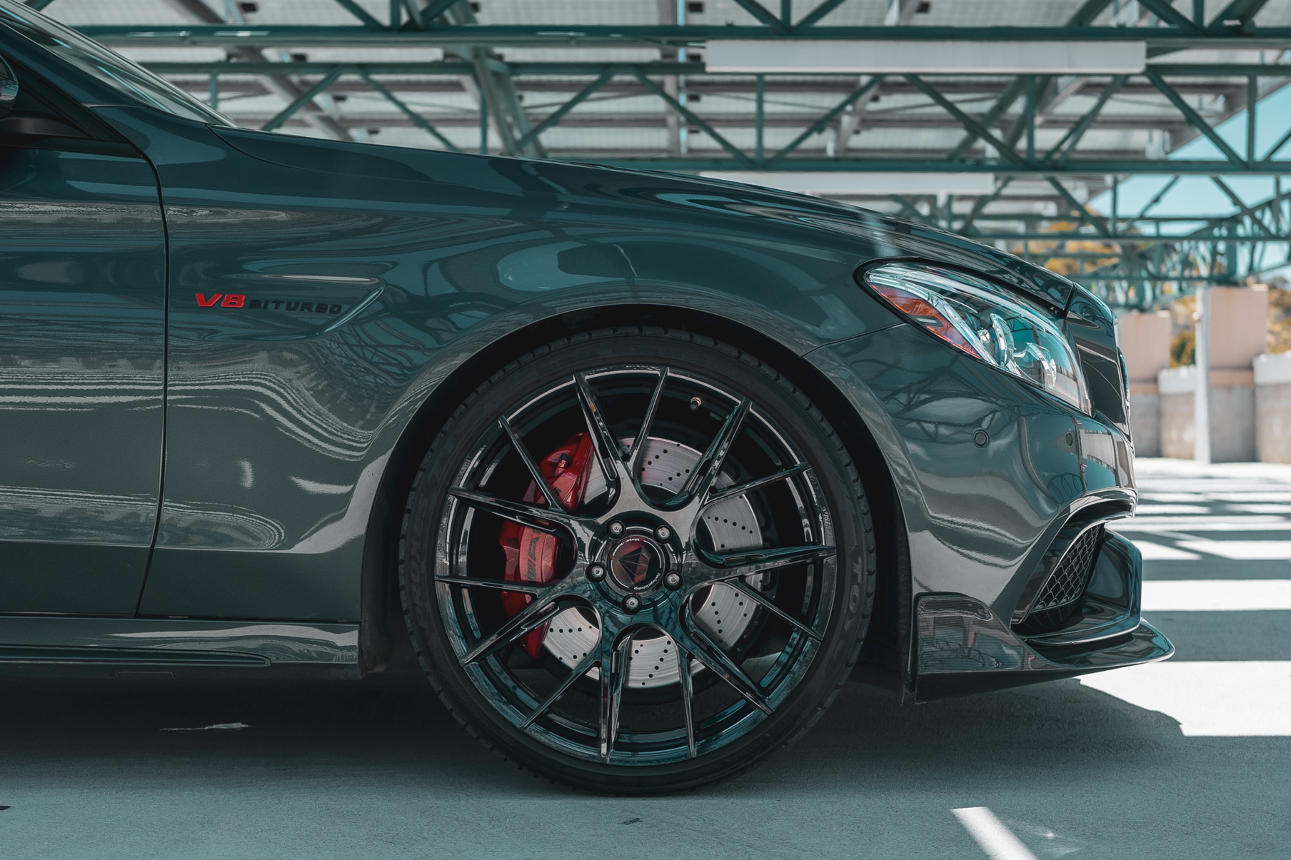 A 2018 Mercedes-Benz C63 on 20 Inch Blaque Diamond BD-F18 Gloss Black Wheels