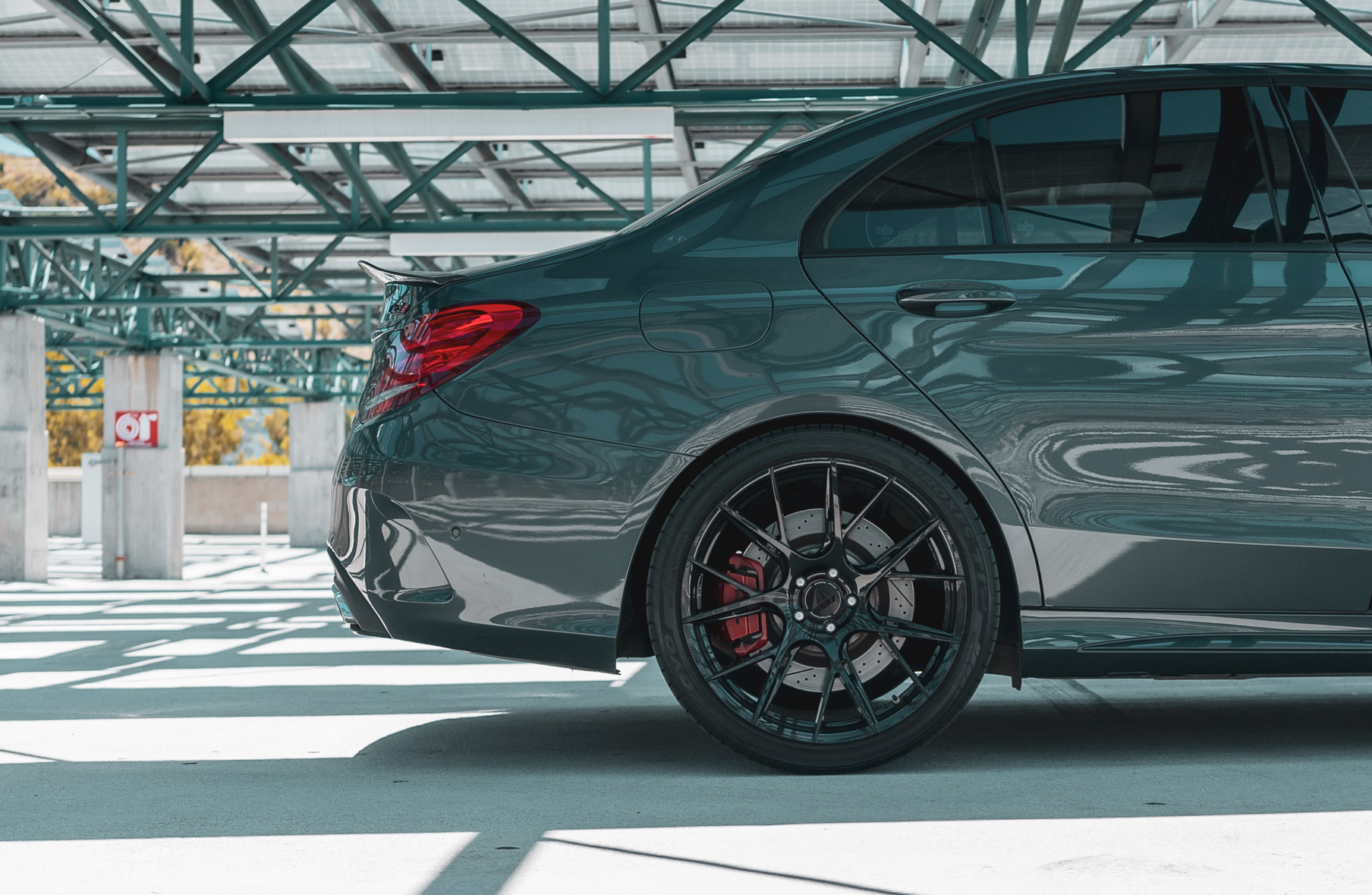 A 2018 Mercedes-Benz C63 on 20 Inch Blaque Diamond BD-F18 Gloss Black Wheels
