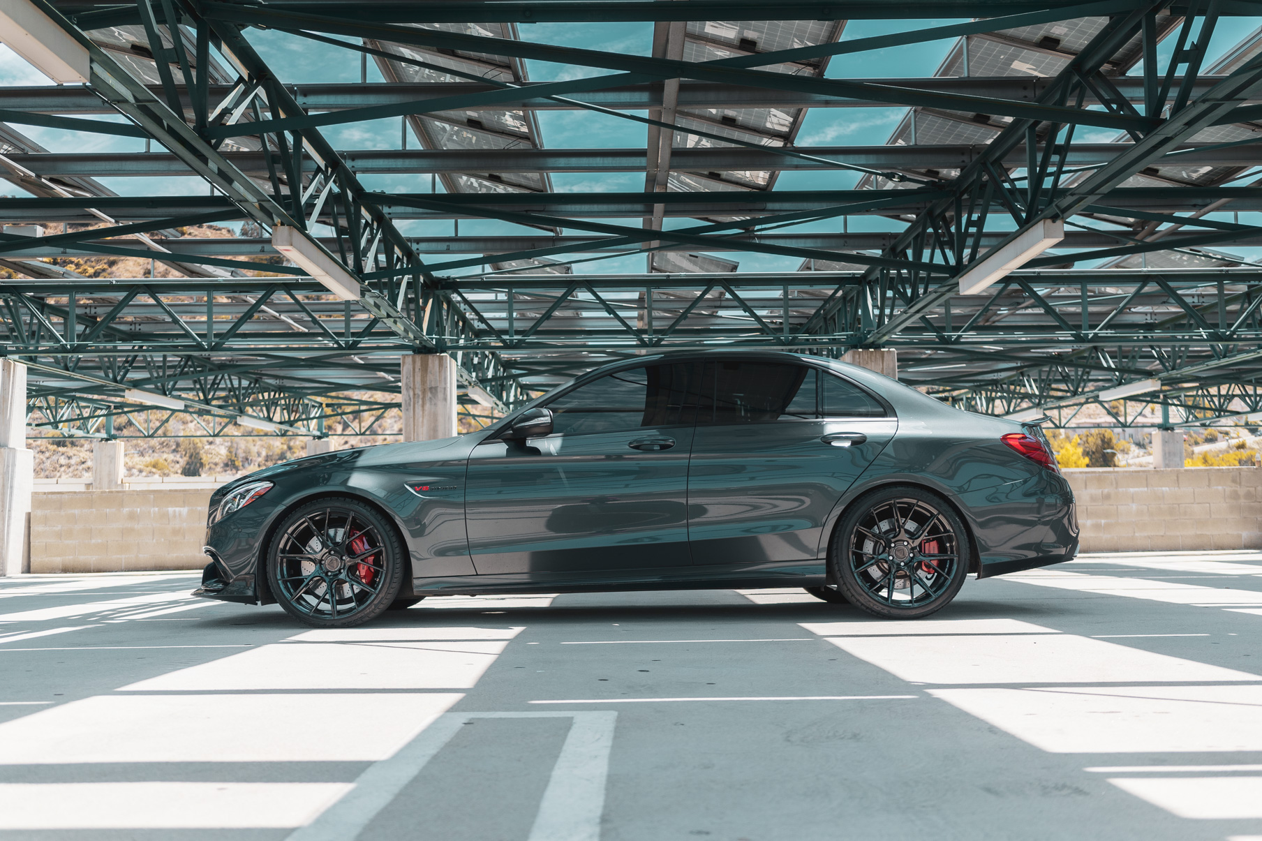 A 2018 Mercedes-Benz C63 on 20 Inch Blaque Diamond BD-F18 Gloss Black Wheels