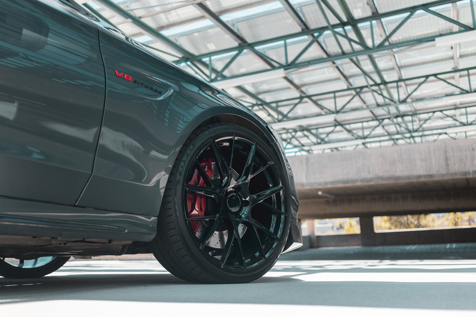 A 2018 Mercedes-Benz C63 on 20 Inch Blaque Diamond BD-F18 Gloss Black Wheels