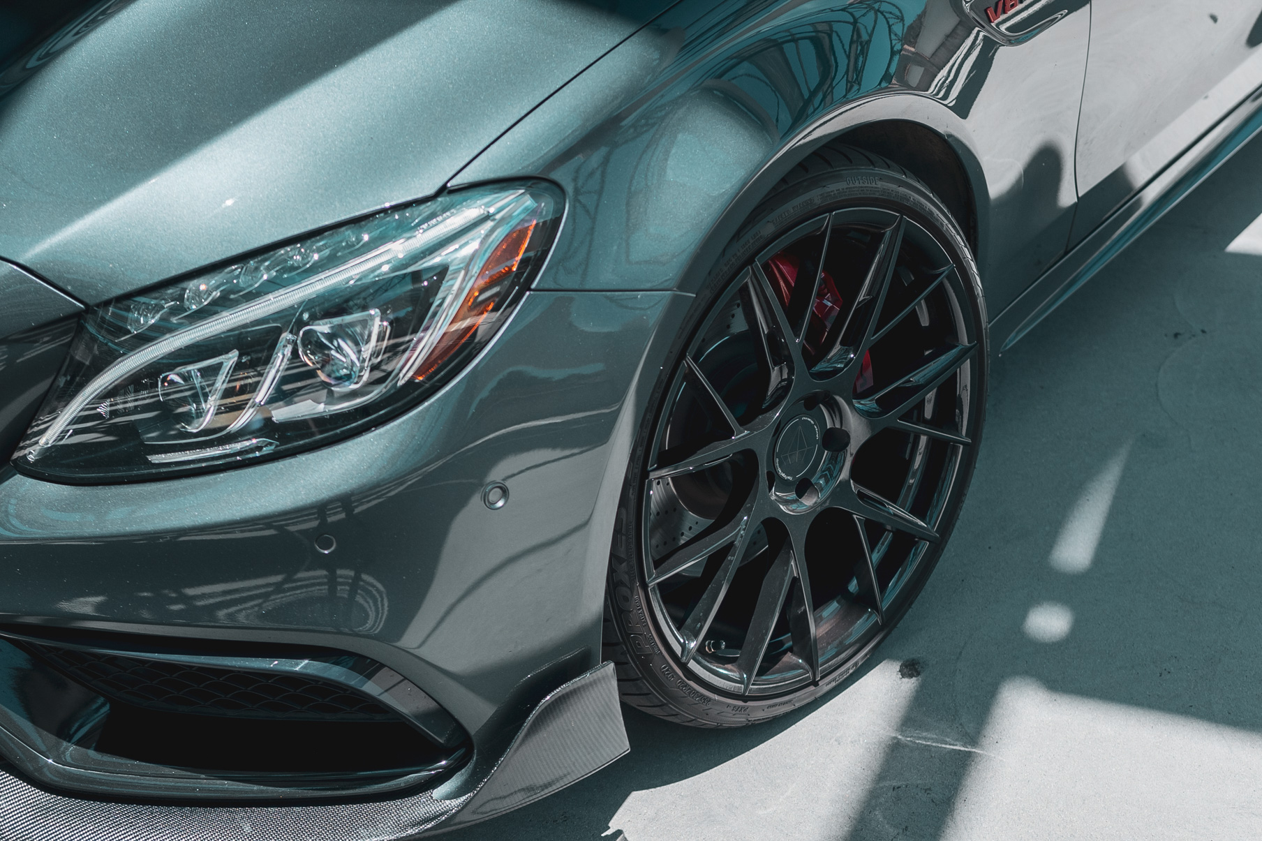 A 2018 Mercedes-Benz C63 on 20 Inch Blaque Diamond BD-F18 Gloss Black Wheels