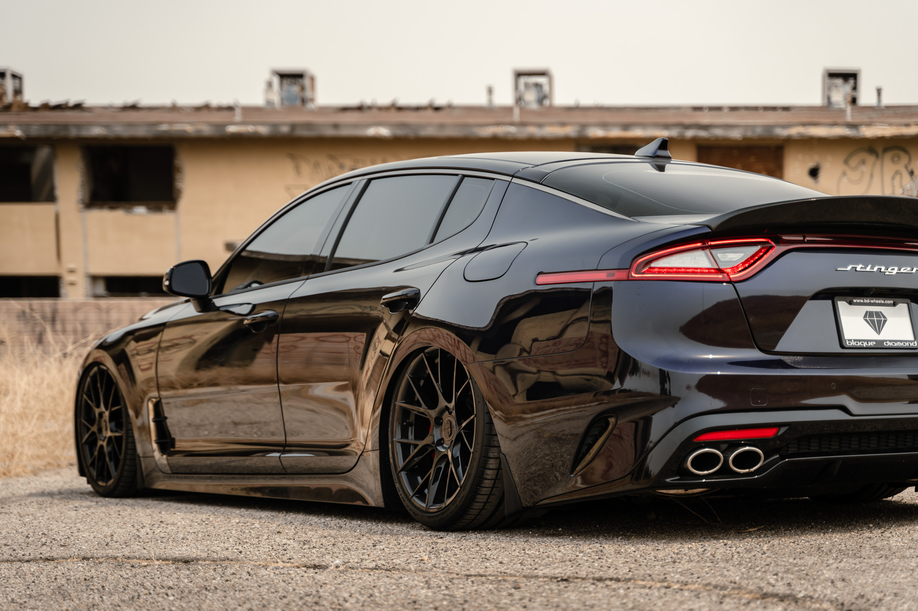 A 2020 Kia Stinger GT AWD on Blaque Diamond BD-F18 Gloss Black Wheels