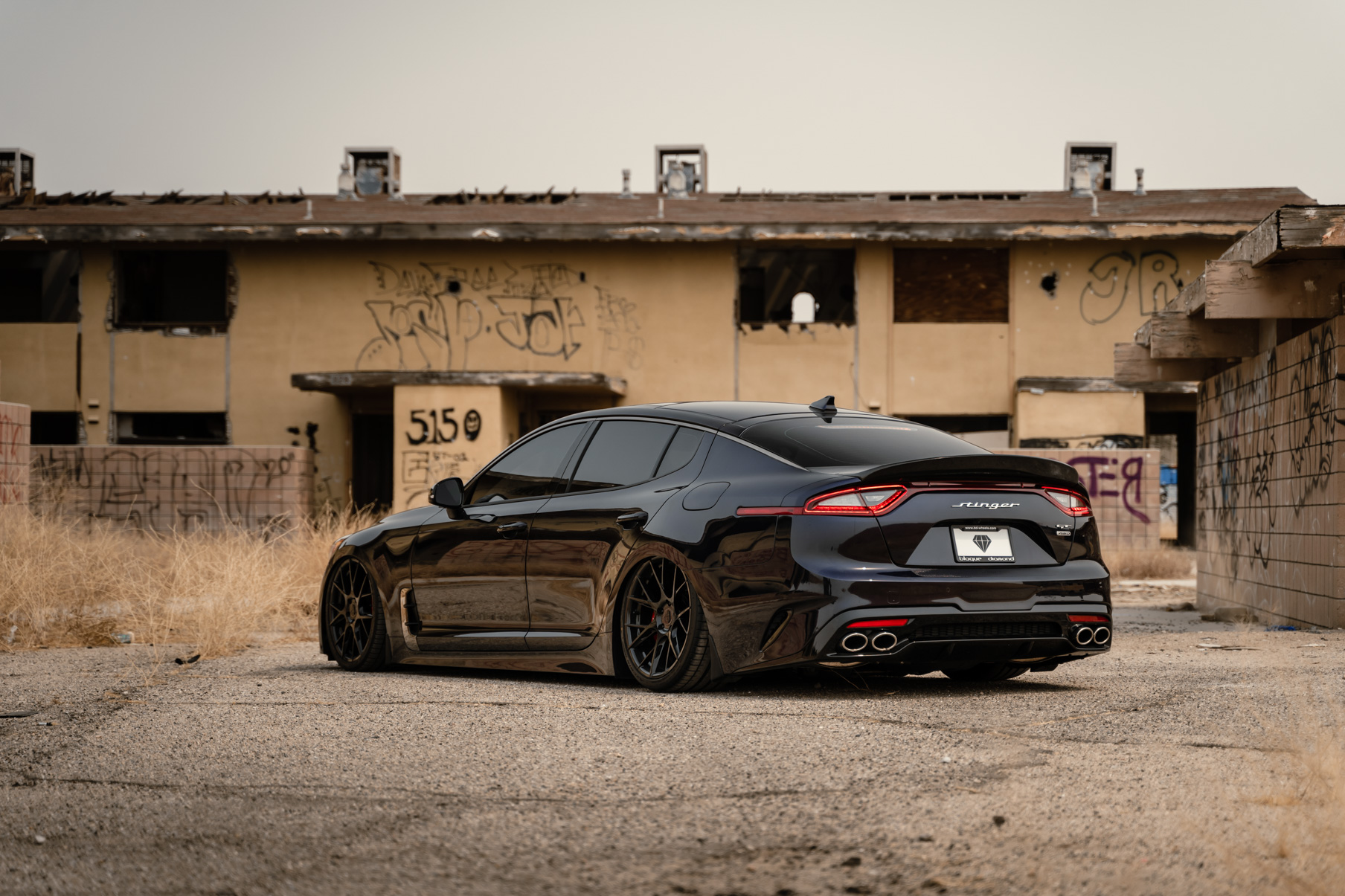 A 2020 Kia Stinger GT AWD on Blaque Diamond BD-F18 Gloss Black Wheels