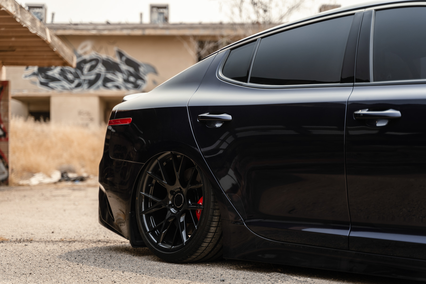 A 2020 Kia Stinger GT AWD on Blaque Diamond BD-F18 Gloss Black Wheels