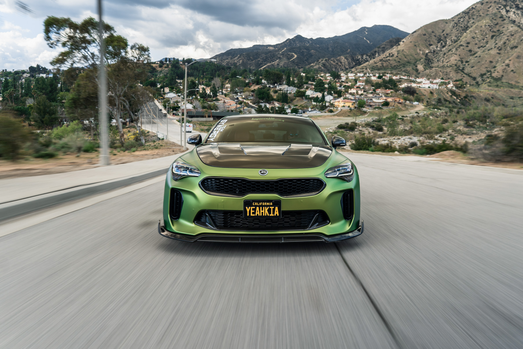 A 2019 Bagged Kia Stinger GT on 20 Inch Blaque Diamond BD-F18 Gloss Black Wheels