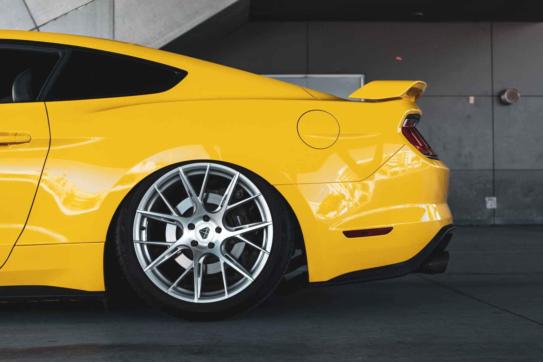 A 2018 Ford Mustang GT on 20 Inch Blaque Diamond BD-F18 Brushed Silver Wheels