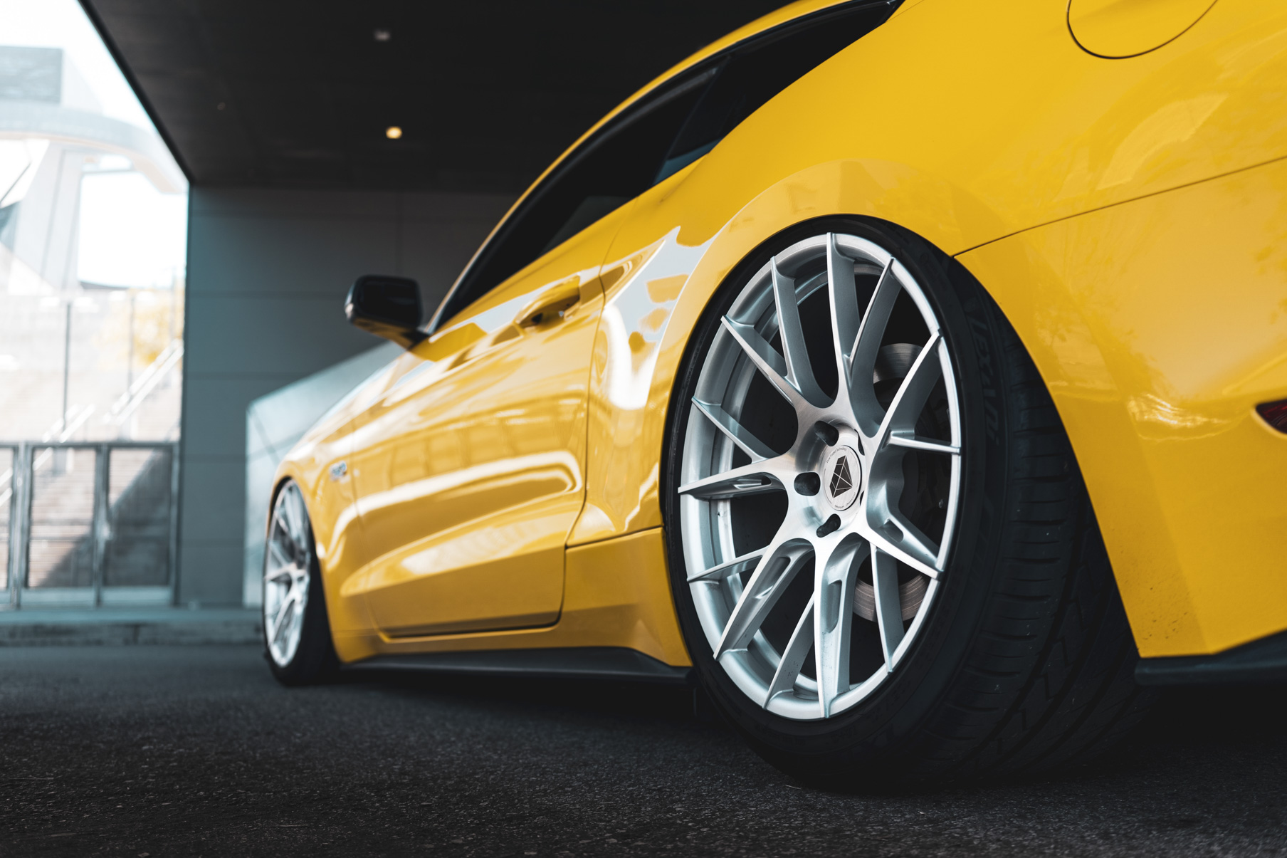 A 2018 Ford Mustang GT on 20 Inch Blaque Diamond BD-F18 Brushed Silver Wheels
