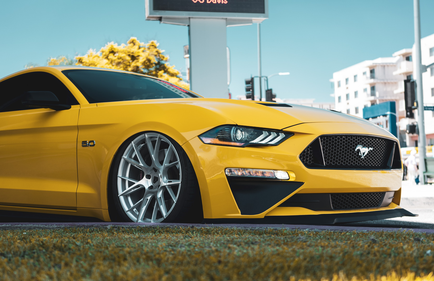 A 2018 Ford Mustang GT on 20 Inch Blaque Diamond BD-F18 Brushed Silver Wheels
