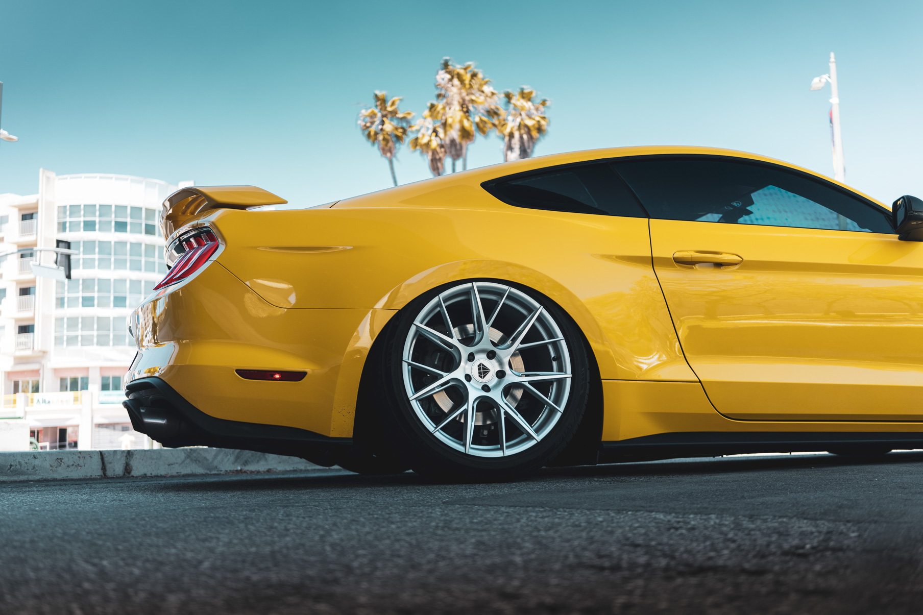 A 2018 Ford Mustang GT on 20 Inch Blaque Diamond BD-F18 Brushed Silver Wheels