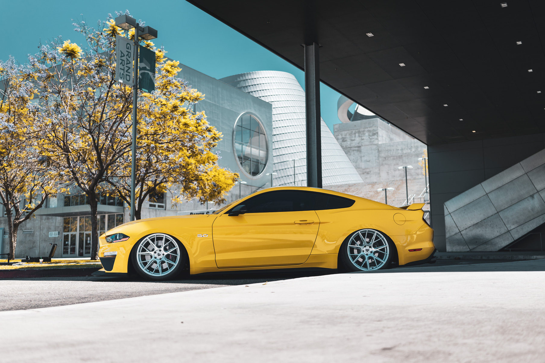 A 2018 Ford Mustang GT on 20 Inch Blaque Diamond BD-F18 Brushed Silver Wheels