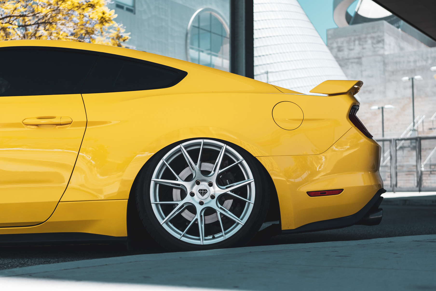 A 2018 Ford Mustang GT on 20 Inch Blaque Diamond BD-F18 Brushed Silver Wheels