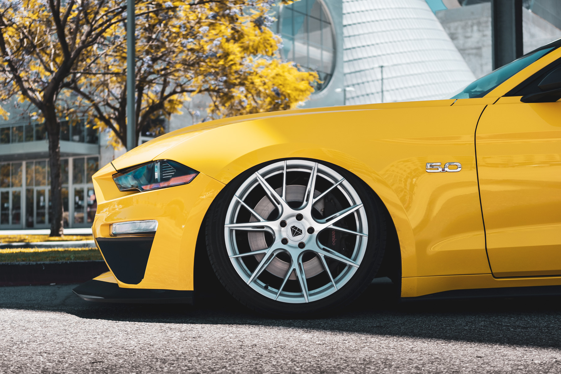A 2018 Ford Mustang GT on 20 Inch Blaque Diamond BD-F18 Brushed Silver Wheels